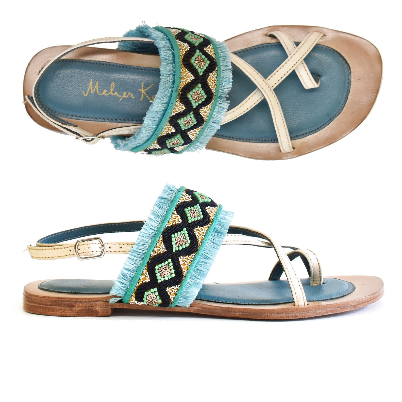 Embroidered summer sandals in white leather with blue sole