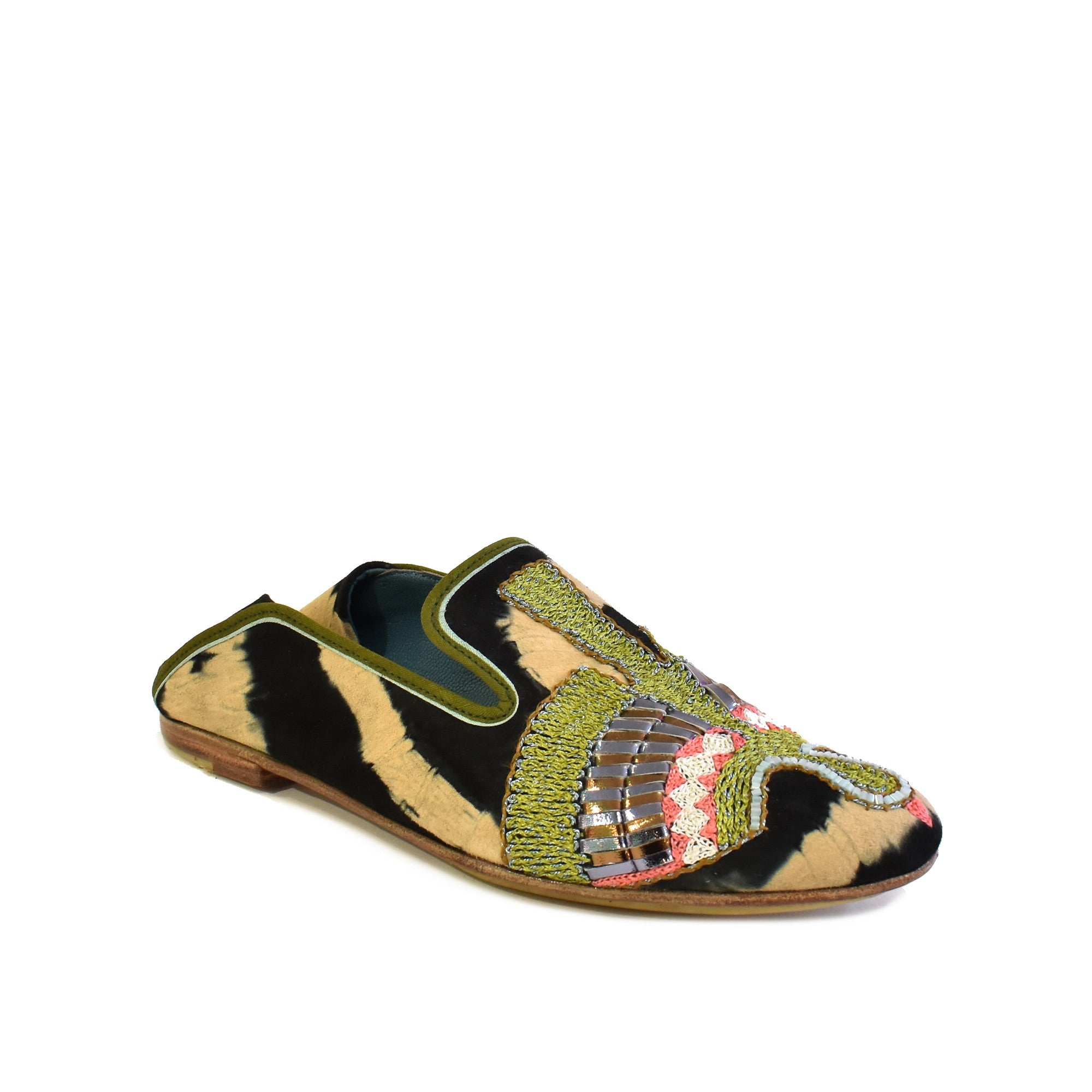 Embroidered women’s moccasin flat in tie-dye suede, olive and metallic threadwork across the vamp
