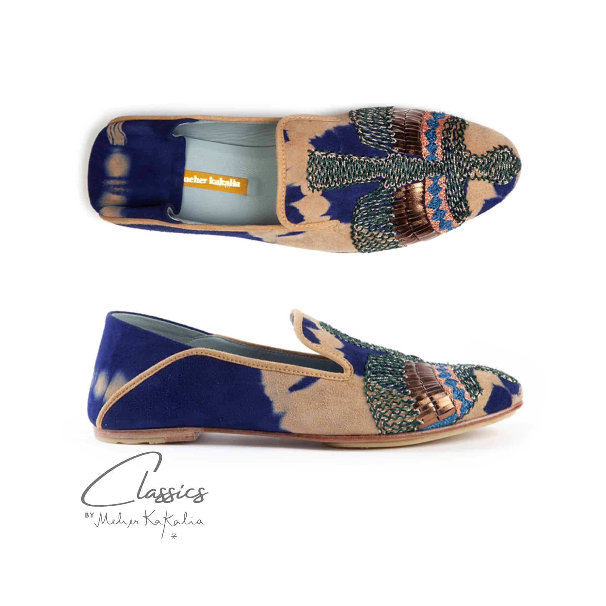 Meher Kakalia ANZU moccasins, tie-dye suede with silk embroidery. Comfortable, sustainable, and versatile for all seasons.