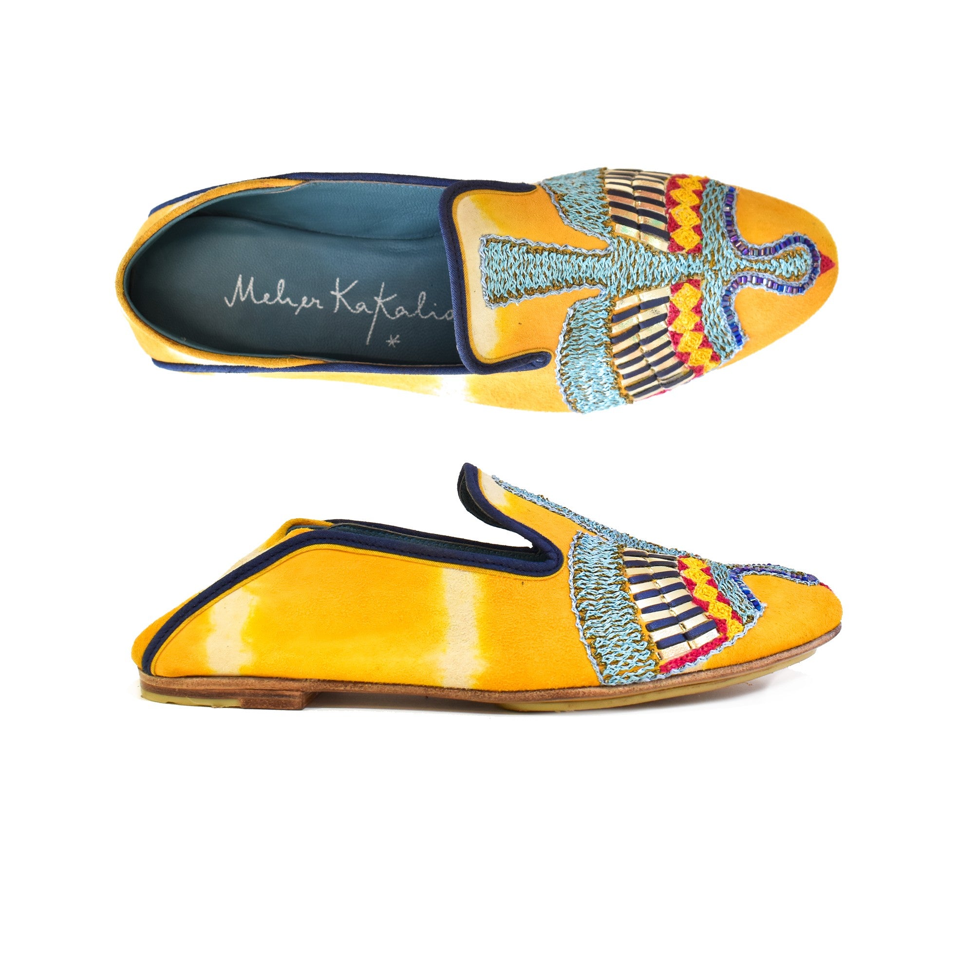 Meher Kakalia embroidered all leather moccasin in yellow tie-dye suede with goat leather lining and navy-edged topline
