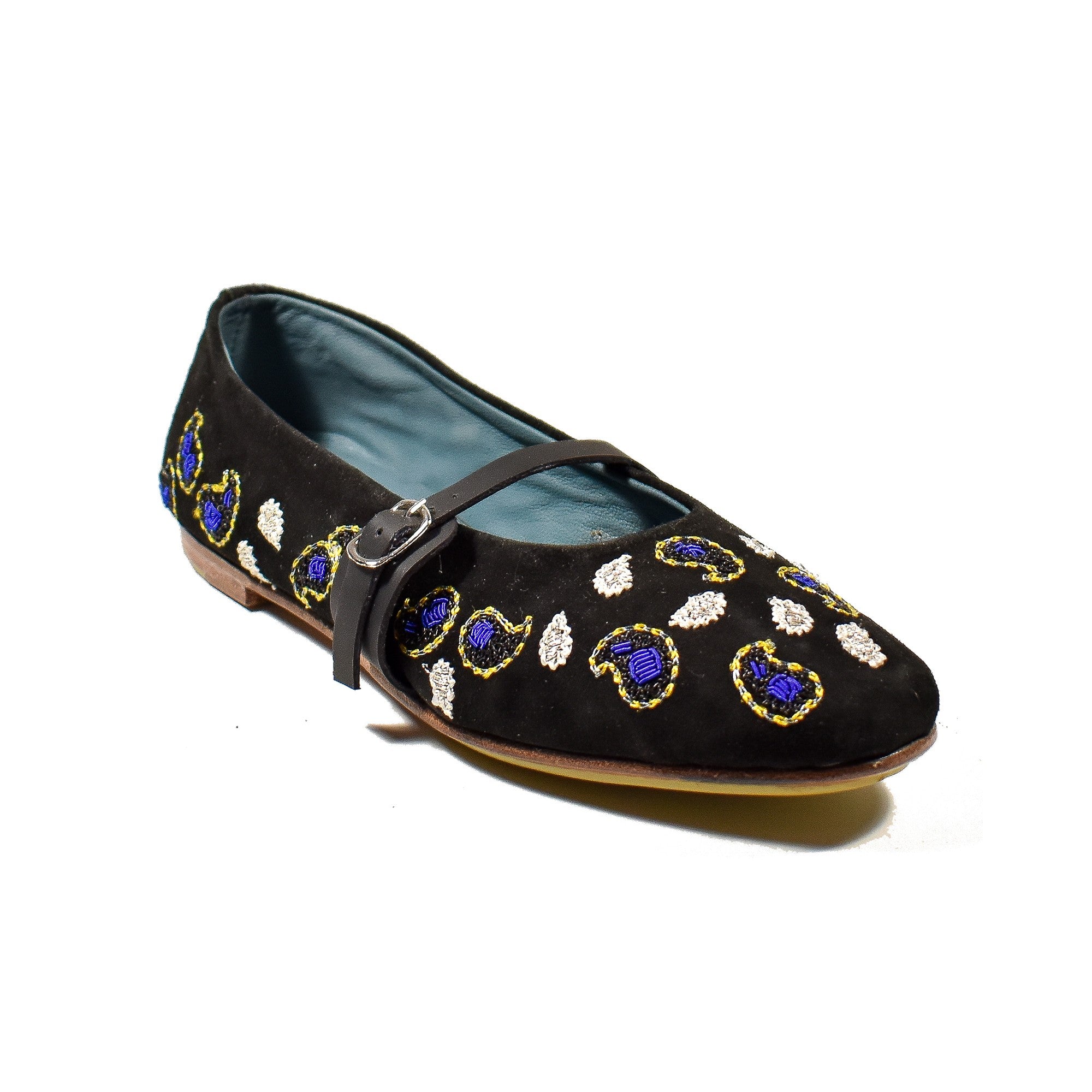 Hand-embroidered ballet flat in black suede with minimalist strap and soft inner wedge