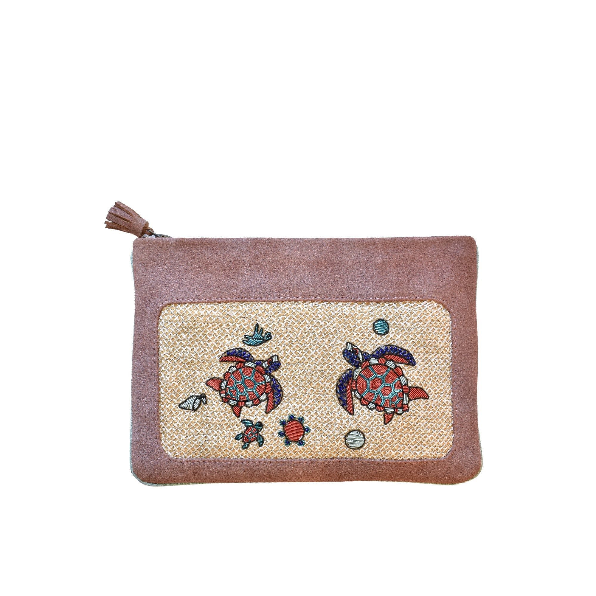 Front view of copper peach Darwin Pochette with hand embroidery