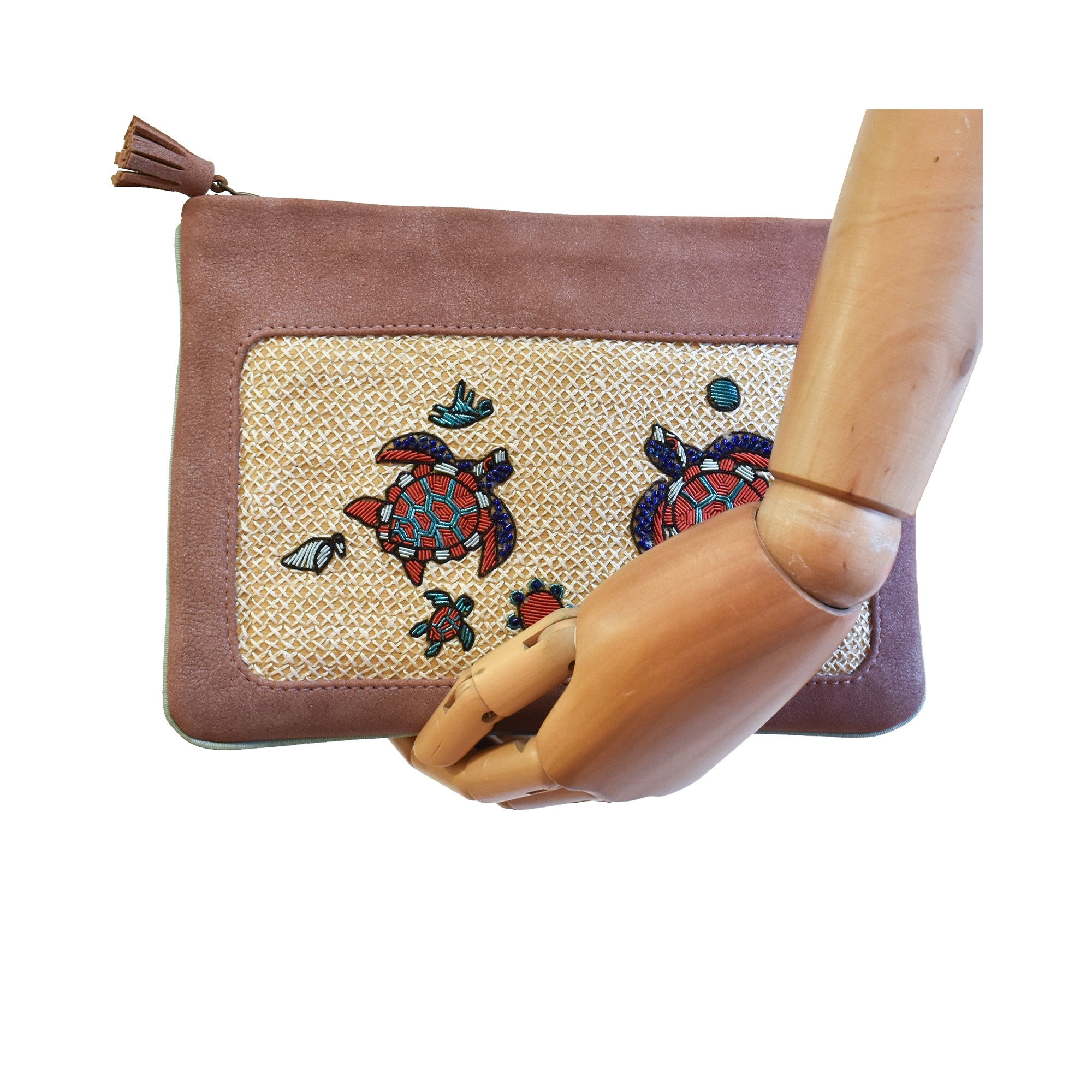 Front view of copper peach Darwin Pochette with hand embroidery
