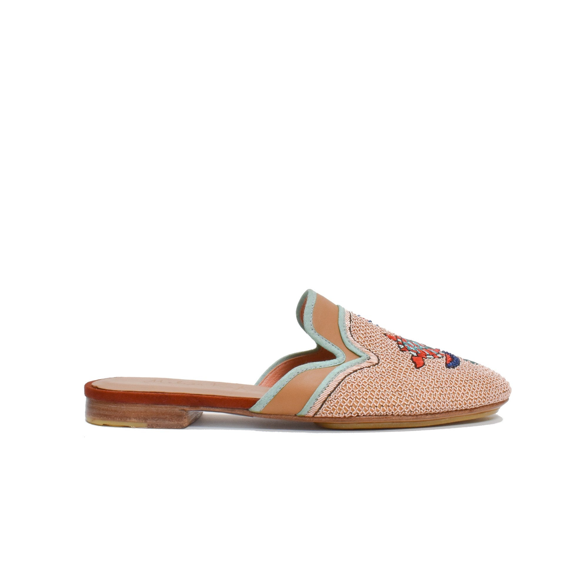 Meher Kakalia's Darwin Slipper in Camel and Peach with unique Turtle Embroidery, Sustainable and Stylish Flats