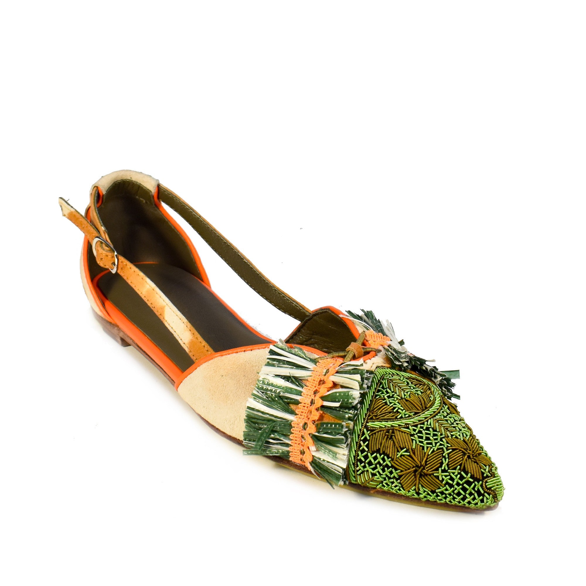 Greta Slingback in khaki with hand-embroidered dapka and eco Raffia detailing. Handmade and sustainable footwear for every day.