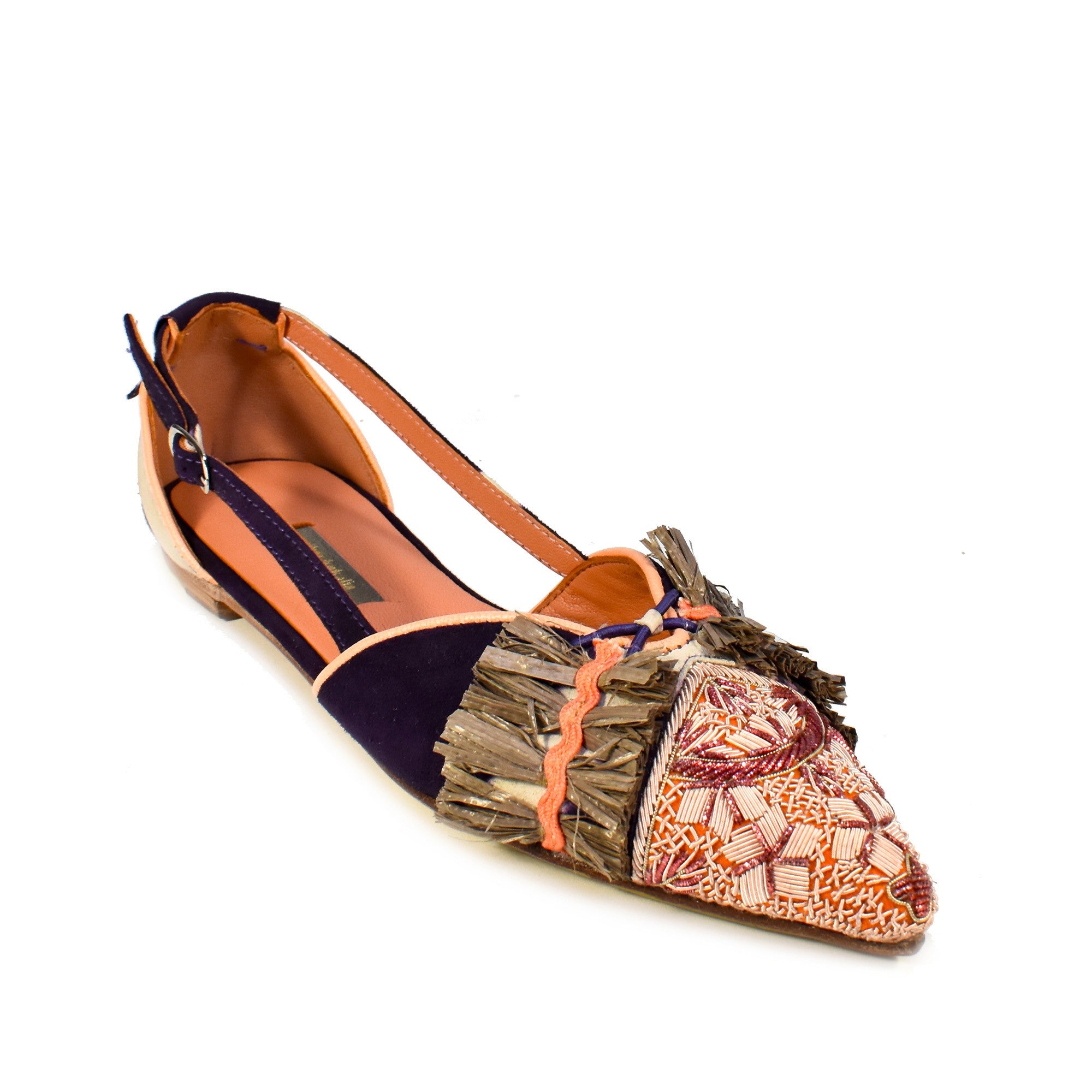 Greta Slingback in purple-ivory with hand-embroidered dapka and eco Raffia detailing. Handmade and sustainable for every day.