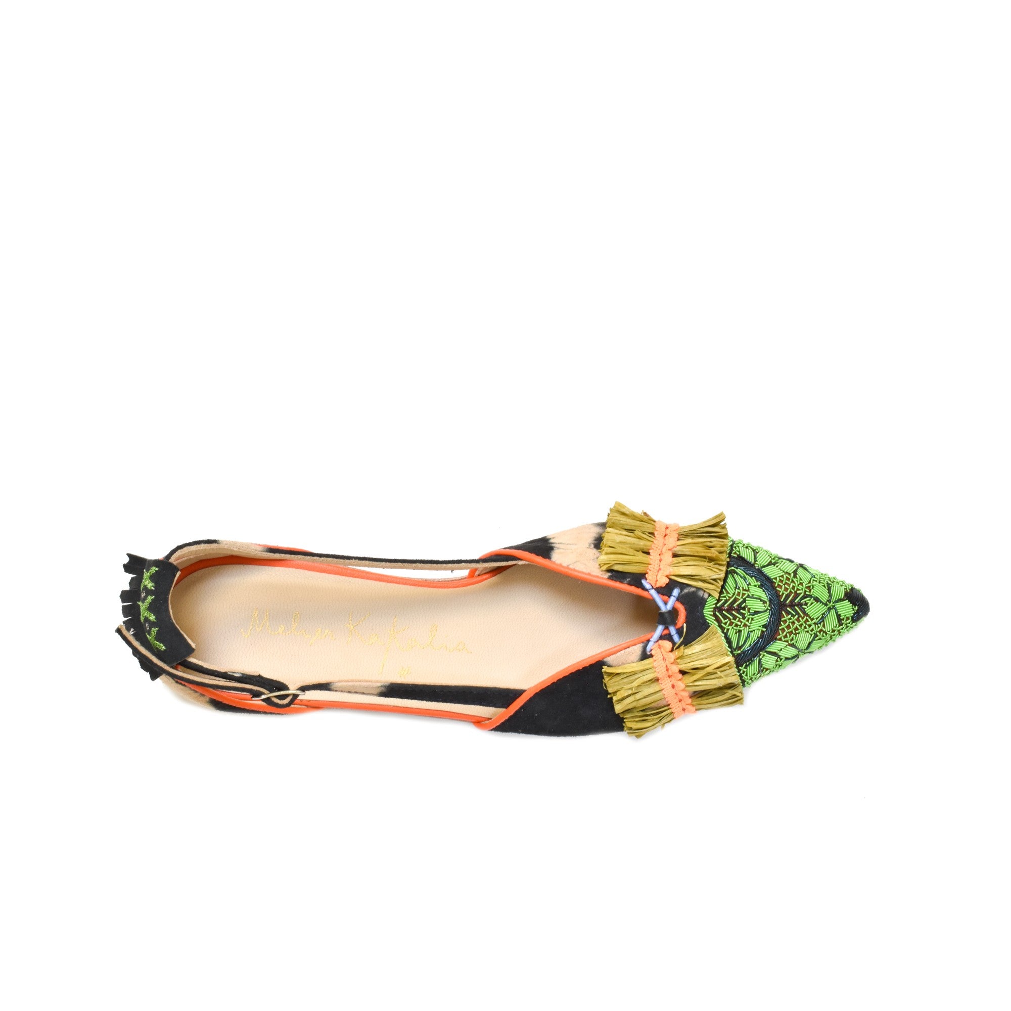 Elegant black and beige flats with green embroidery. Handcrafted by Meher Kakalia.