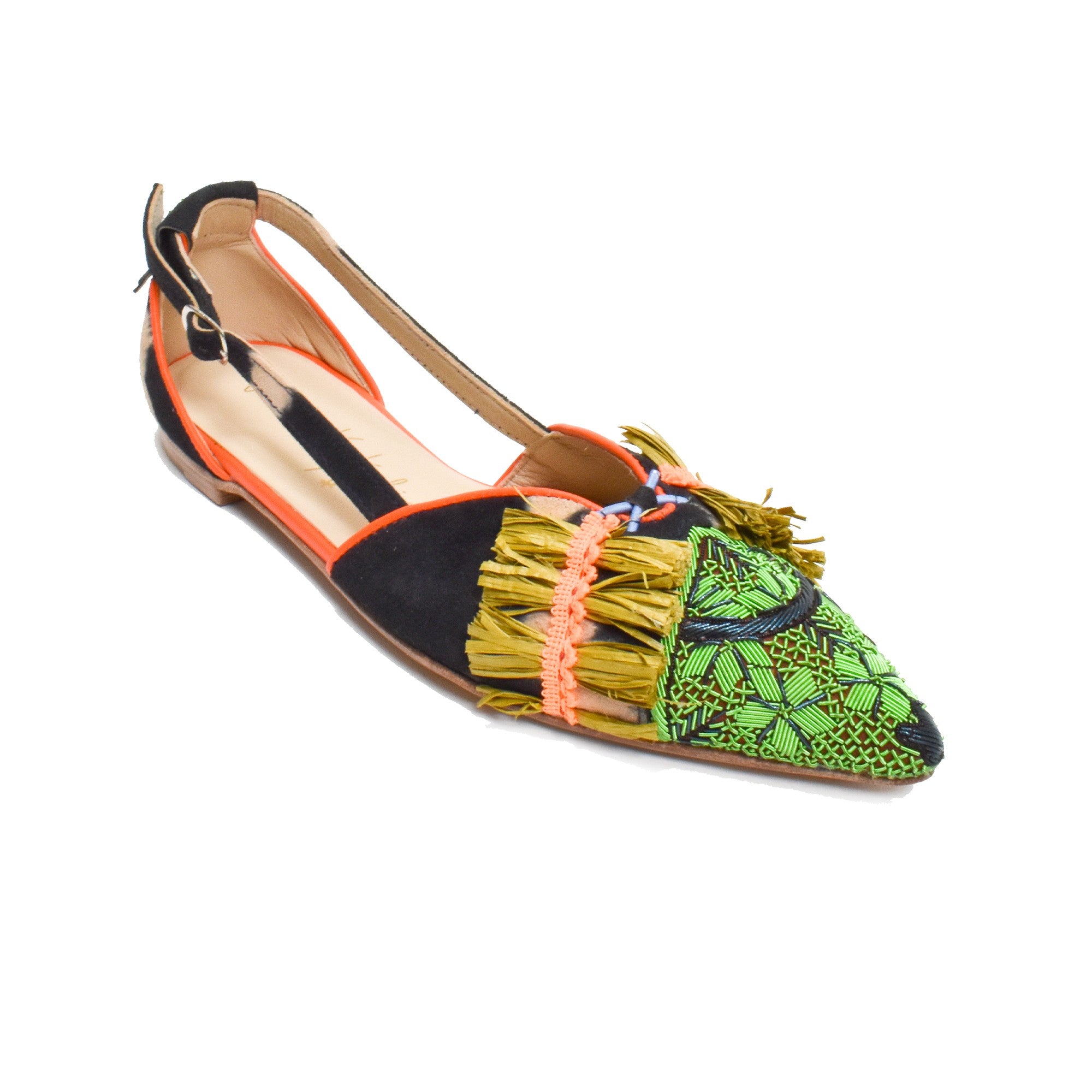 Greta Slingback, chaussures plates et élégantes, en cuir suédé tie-dye, brodées à la main avec raffia recyclé