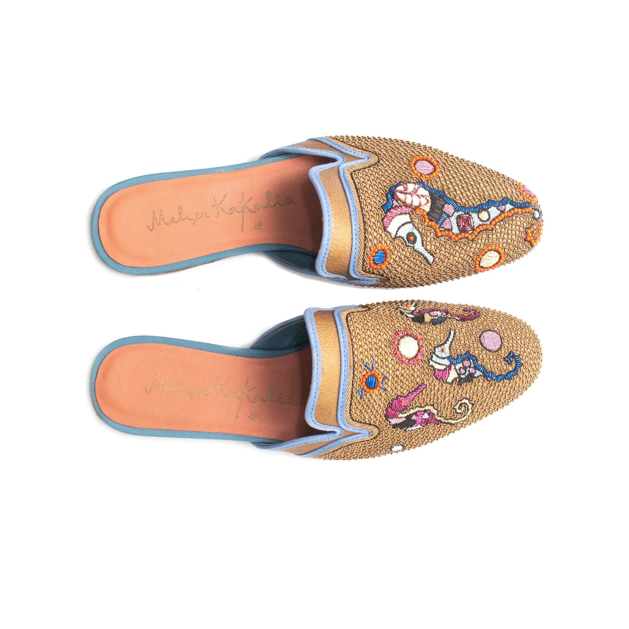 Meher Kakalia Hikkaduwa Slipper in gold with seahorse embroidery, ideal for summer getaways.