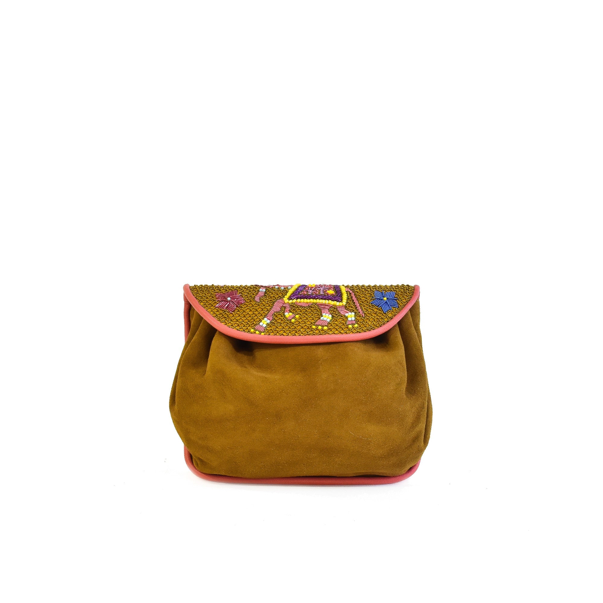 Meher Kakalia KIPLING ACCORDION BAG suede spice-ochre embroidered suede belt bag.