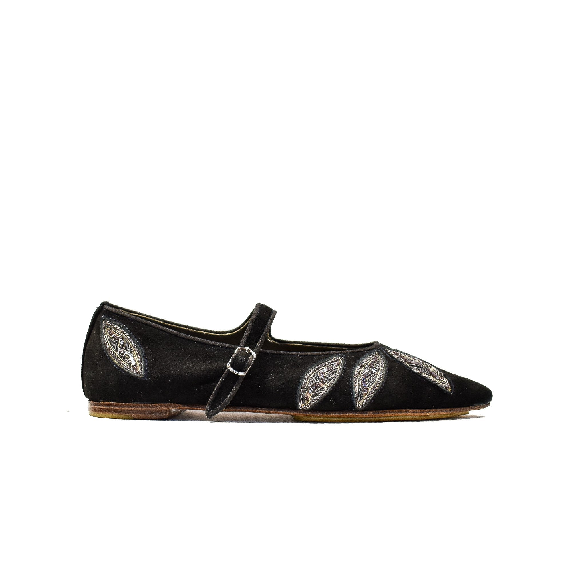 Meher Kakalia LULU POINT in black suede with hand-embroidered leaf motifs and slim Mary Jane strap