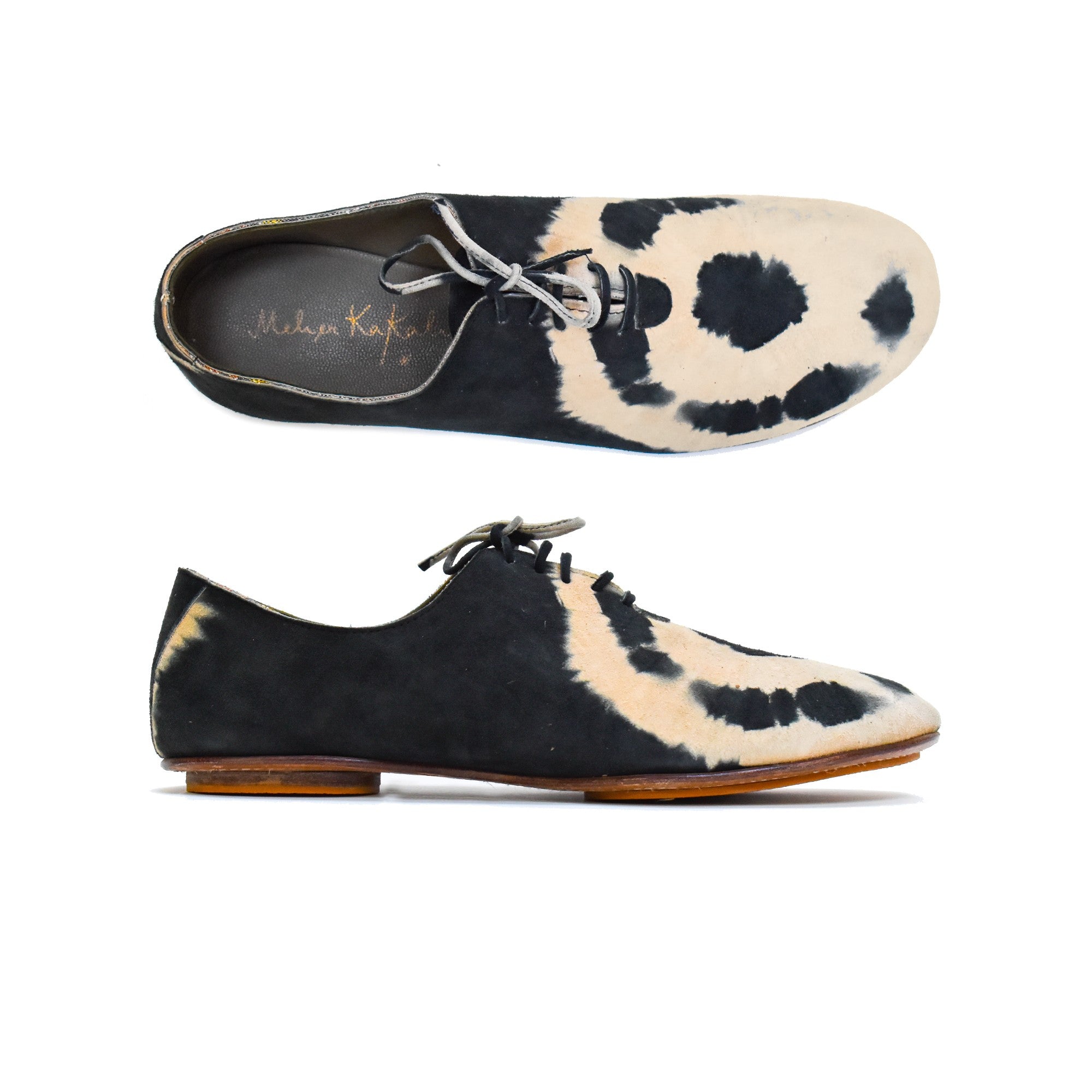 Meher Kakalia men's Flaubert shoes in black beige tie-dye leather