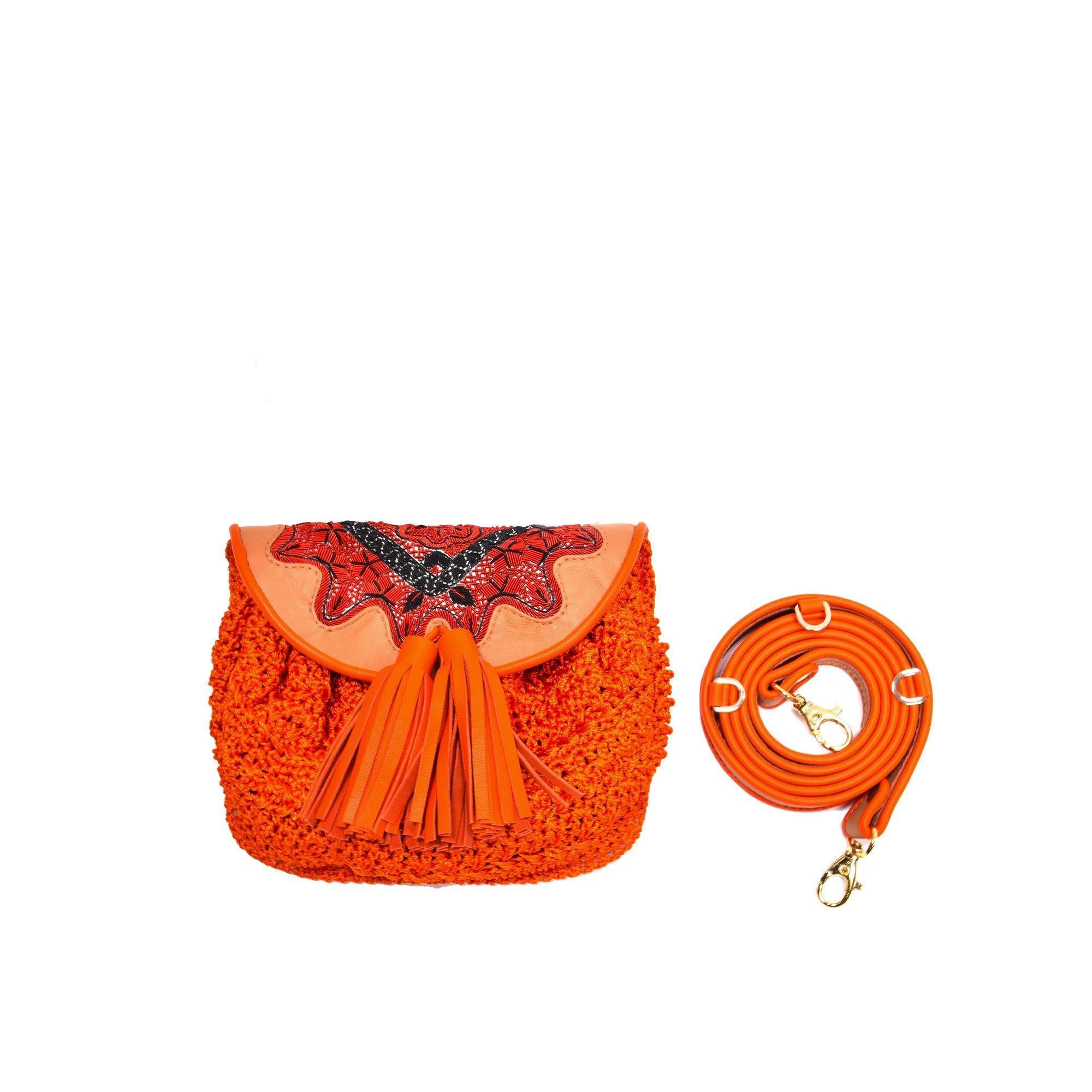 Meher Kakalia Mini Accordion Bag in biscuit and orange crochet, versatile for crossbody, belt, or shoulder wear.