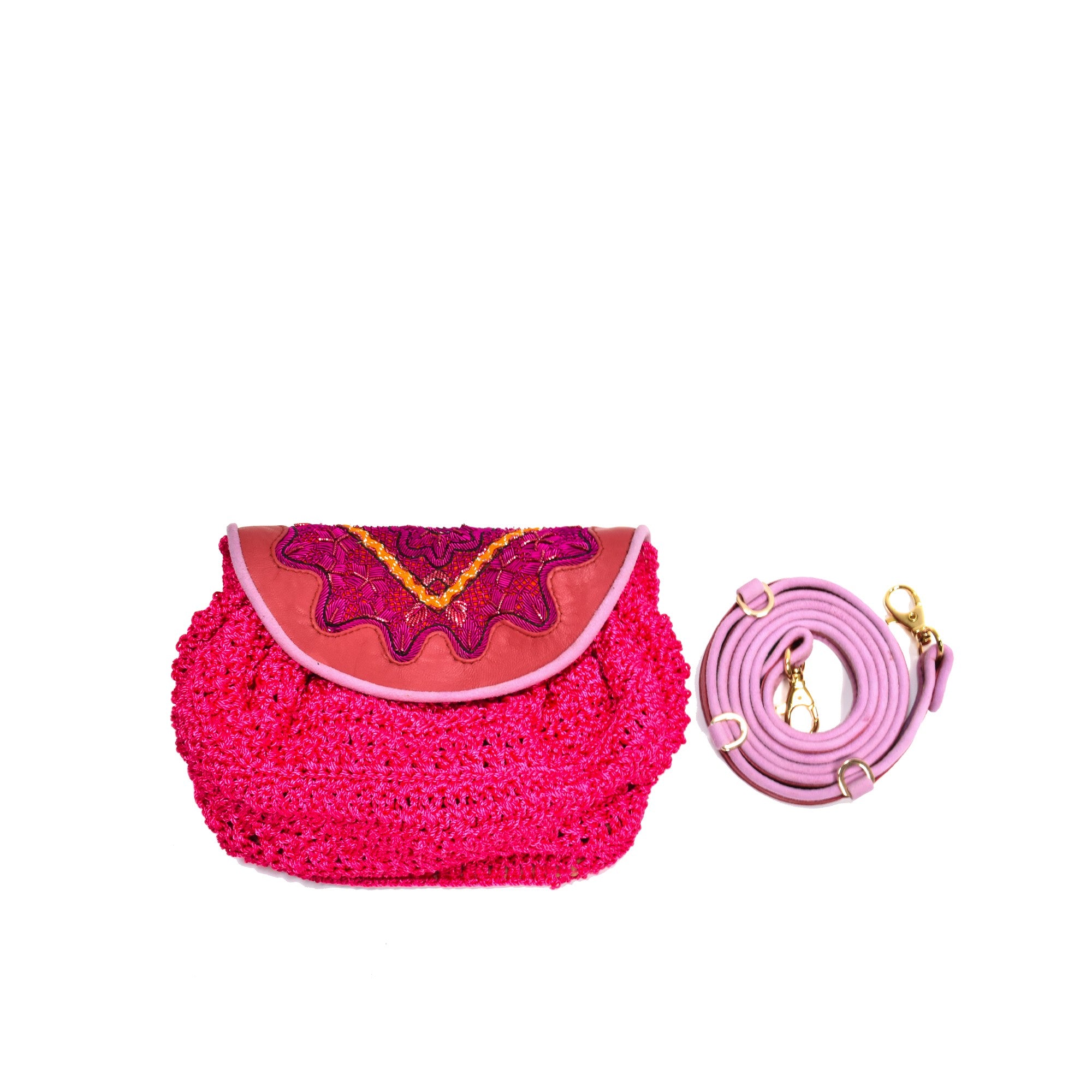 Mini Accordion Bag by Meher Kakalia in pink crochet and faded rose leather. Wear it as a belt bag, crossbody, or shoulder bag.