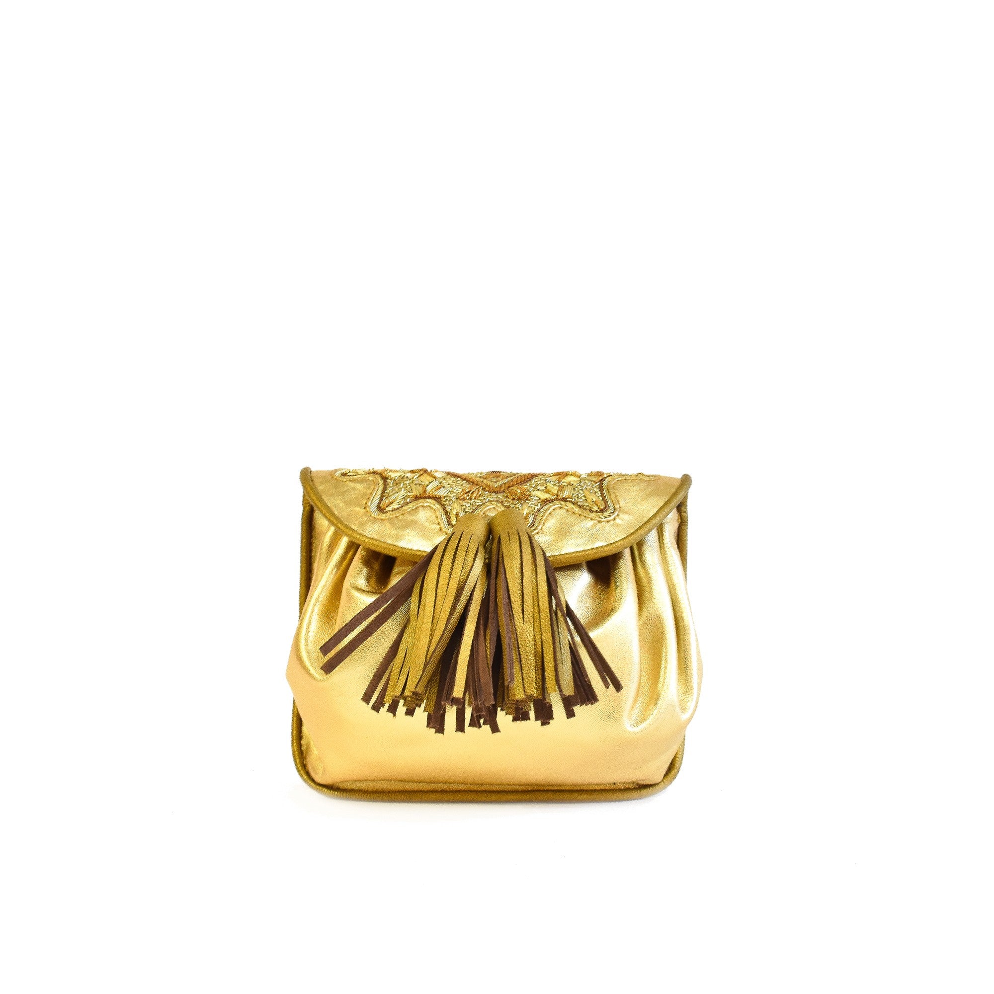 Small gold metallic shoulder bag with tassel detail and artisan embroidery.