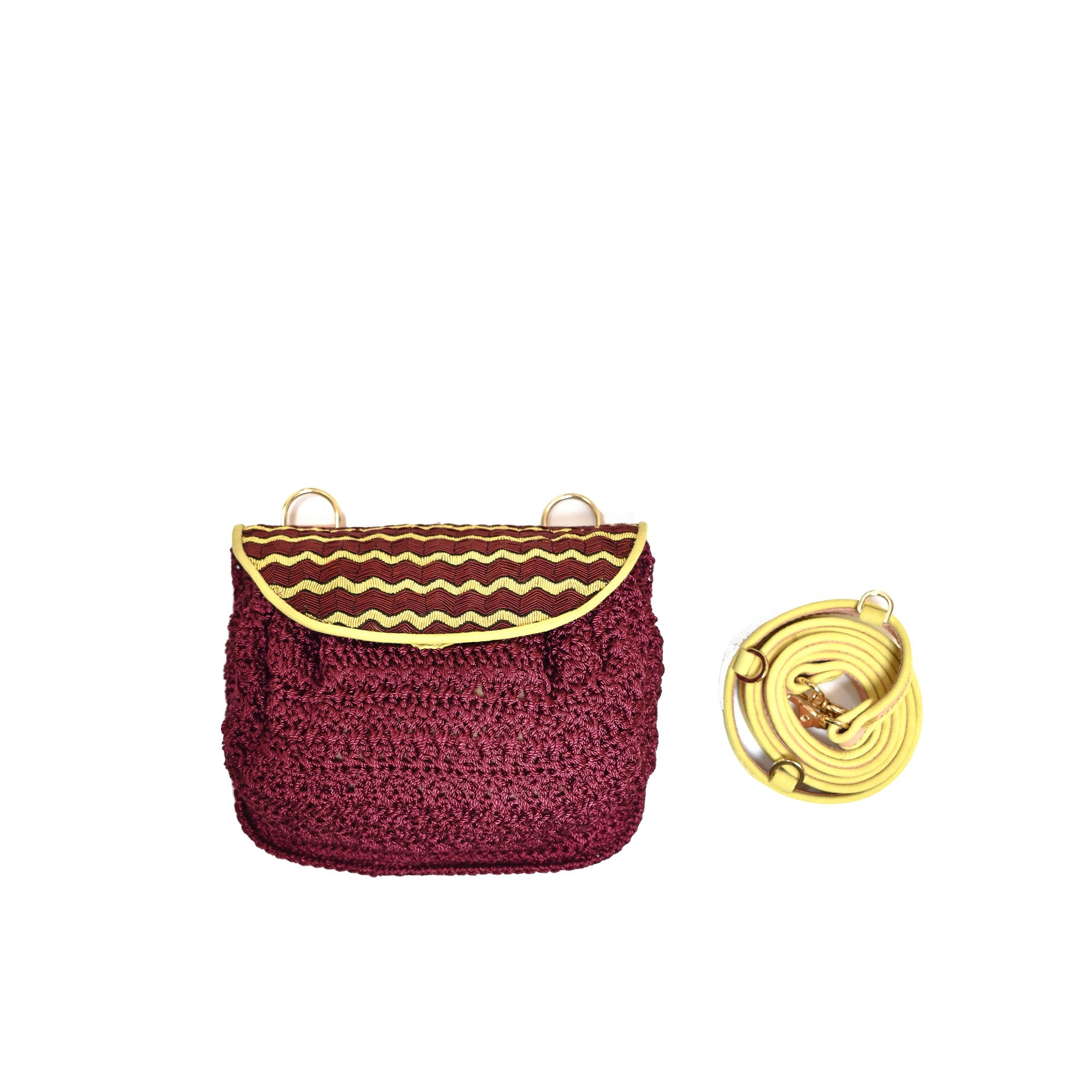 Meher Kakalia Mississippi accordion bag in burgundy crochet with embroidered leather flap