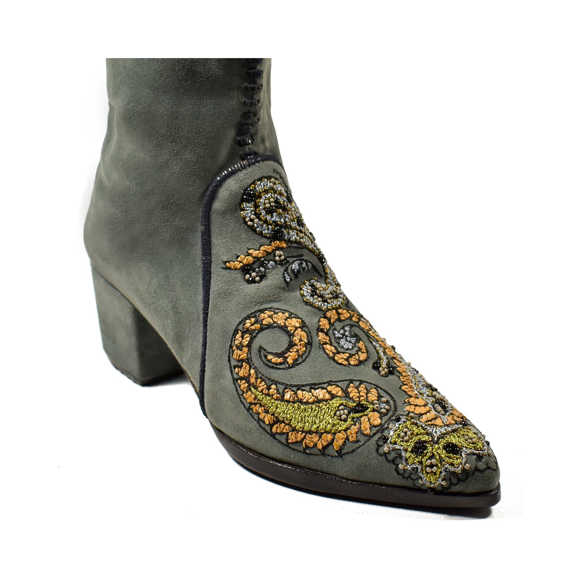 Vintage-inspired bohemian ankle boots with paisley embroidery and block heel, perfect for weddings or stylish seasonal outfits.