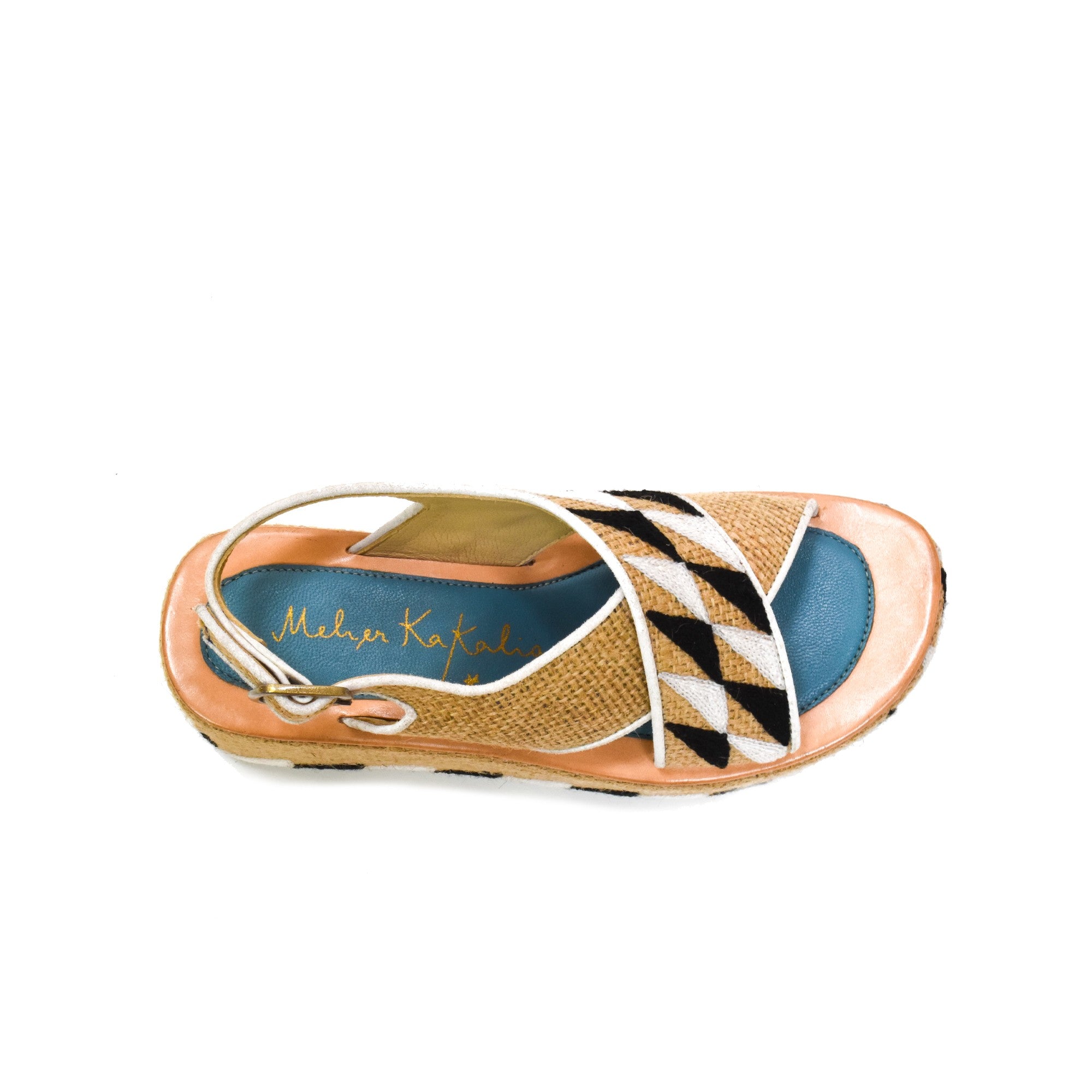 Top-down view of Ponza Geo Bloc sandals, highlighting the cushioned insole, blue lining, and intricate hand-embroidered details.