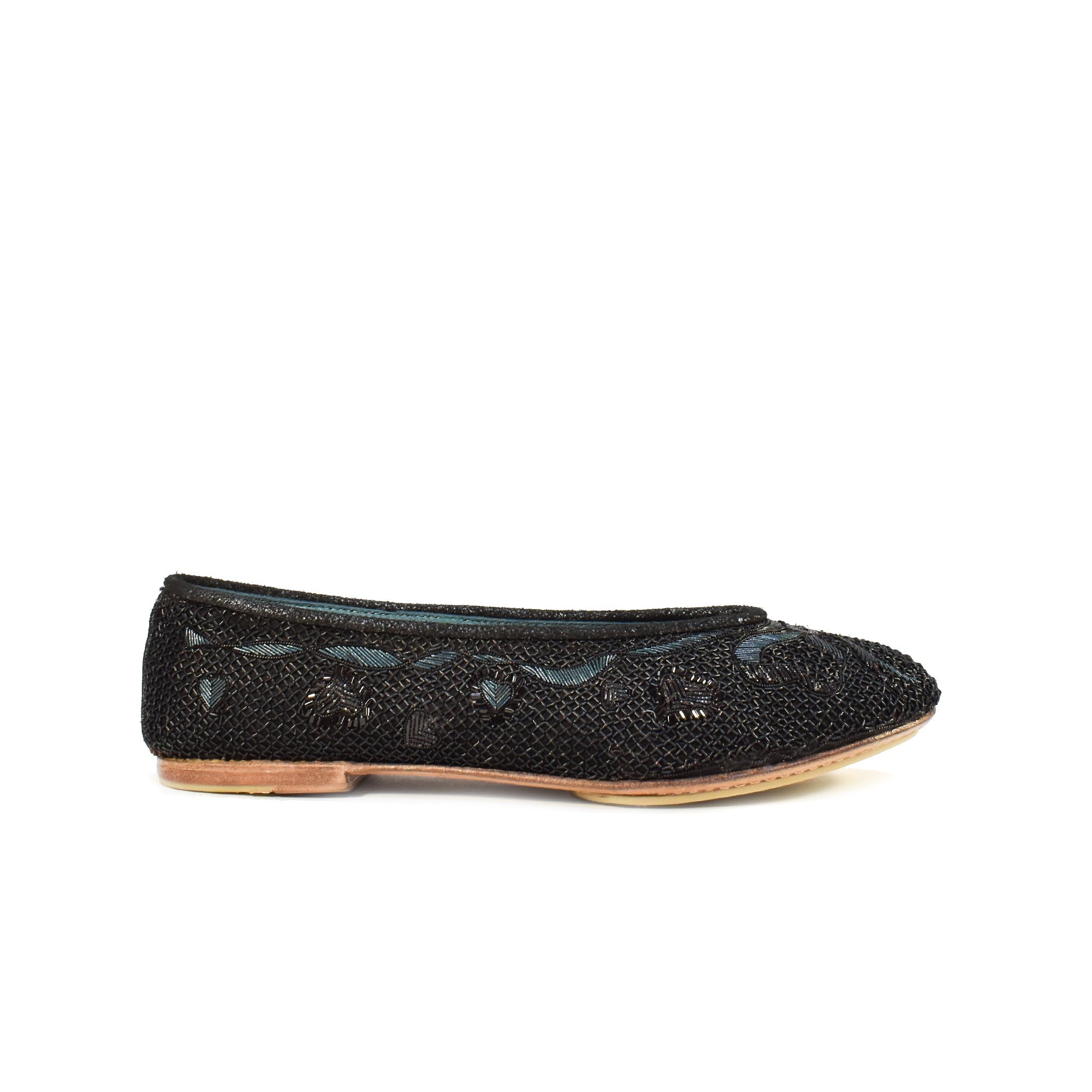 Side view of black embroidered ballet flats, designed with metallic coils, ideal for upscale events.