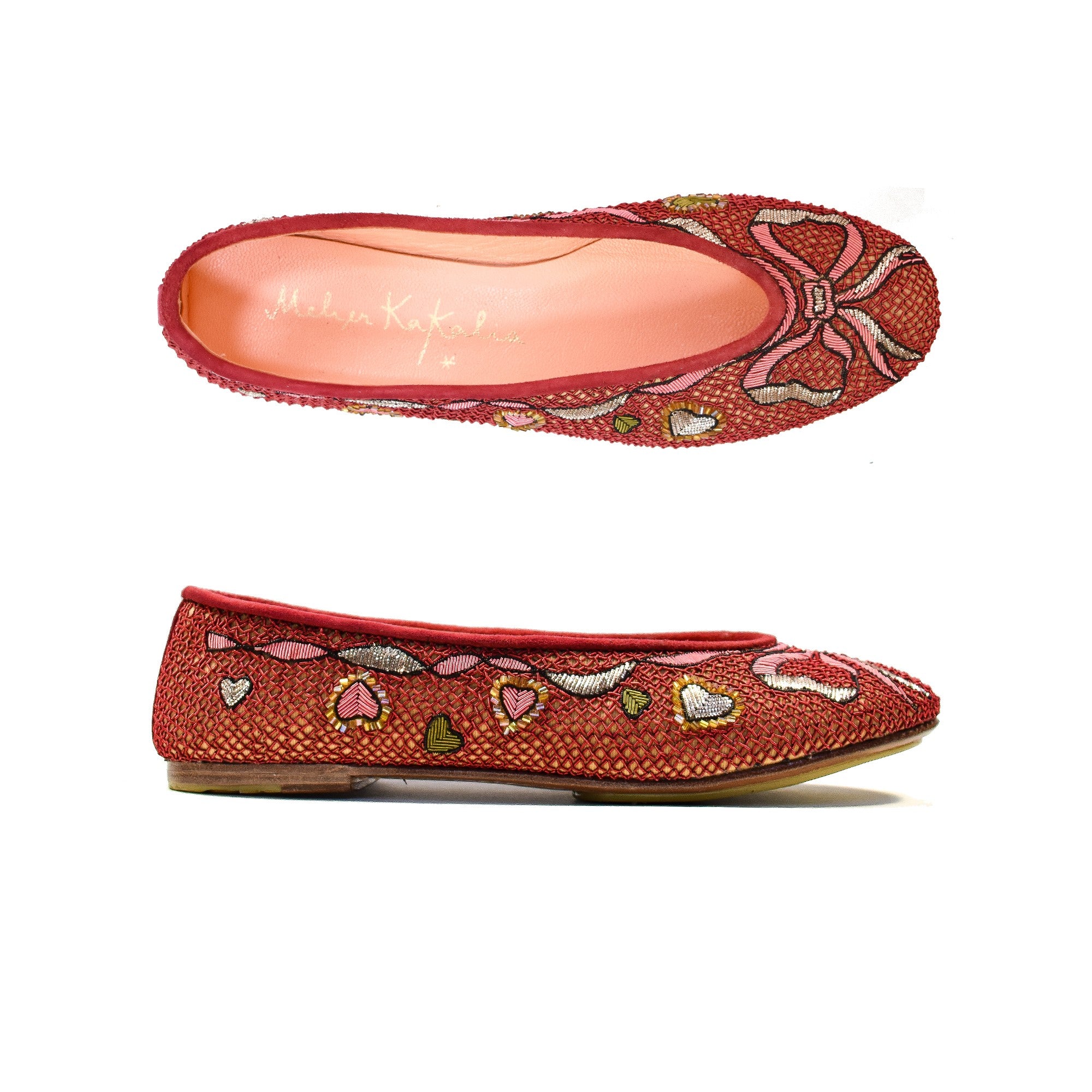 Red embroidered ballerina flats with heart-shaped metal coil embroidery on leather, designed for romantic occasions.