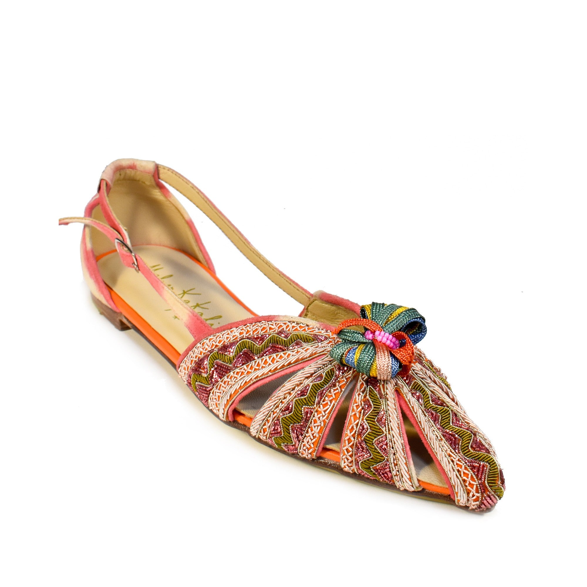 Elegant pink pointed slingback by Meher Kakalia, hand-embroidered, ideal for summer parties or wedding celebrations.