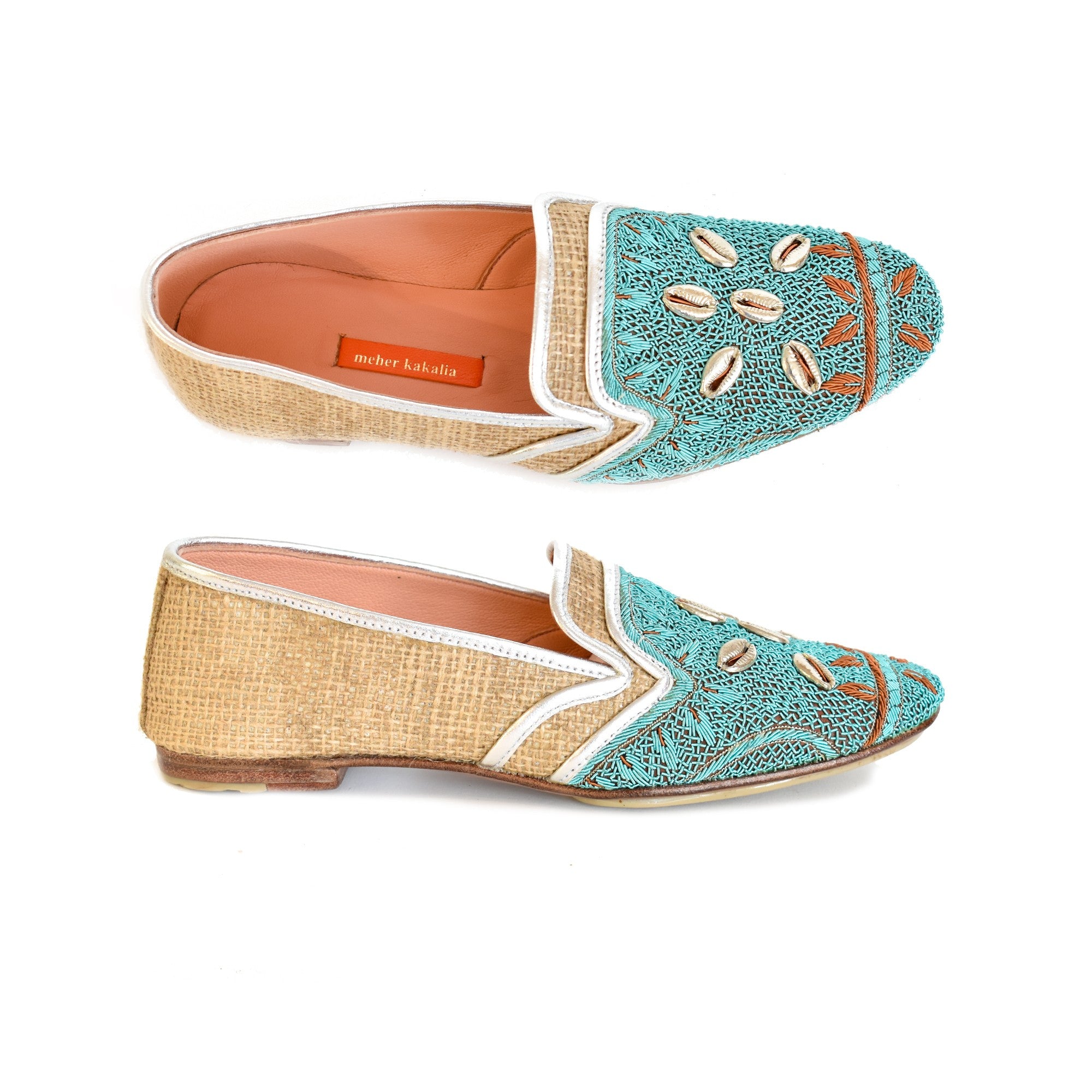 Embroidered jute shoes by Meher Kakalia with real shells – chic flats for resort lounging or luxurious indoor wear