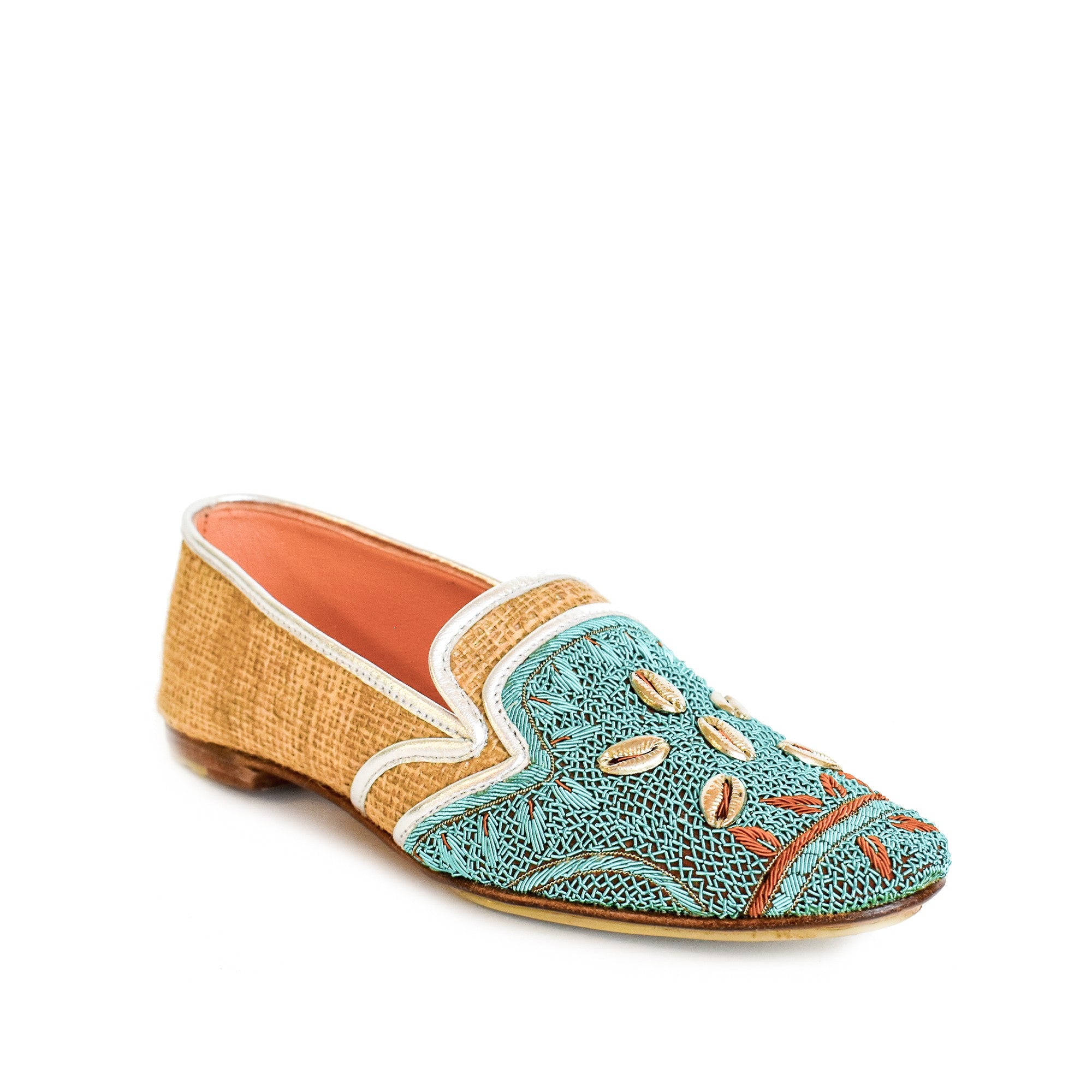 Meher Kakalia jute moccasins with turquoise embroidery and cowrie shells, ideal as elegant house shoes or for summer wear