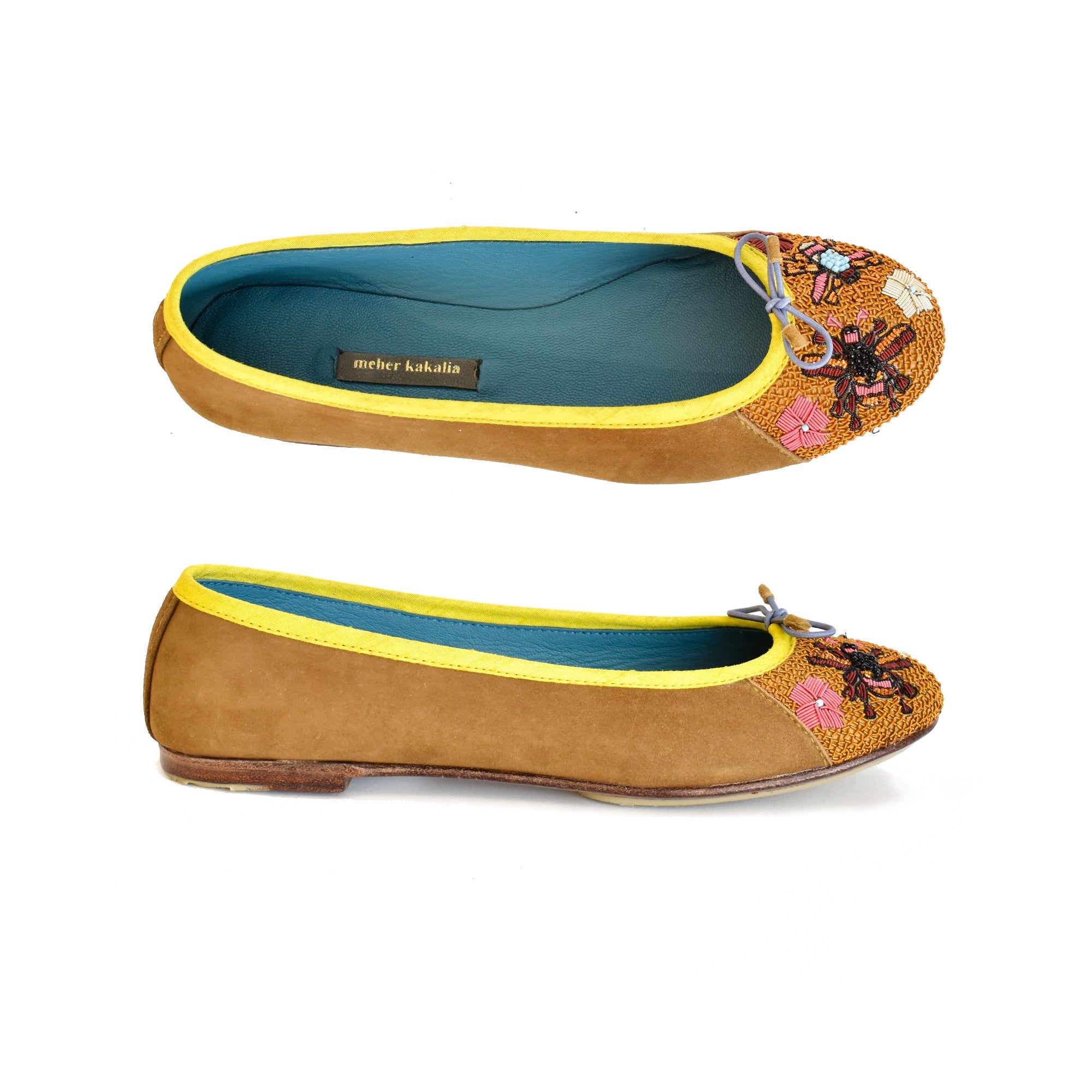 Queen Potnia Ballet in beige suede with embroidered bees and flowers, offering comfort and luxury with a sustainable touch.