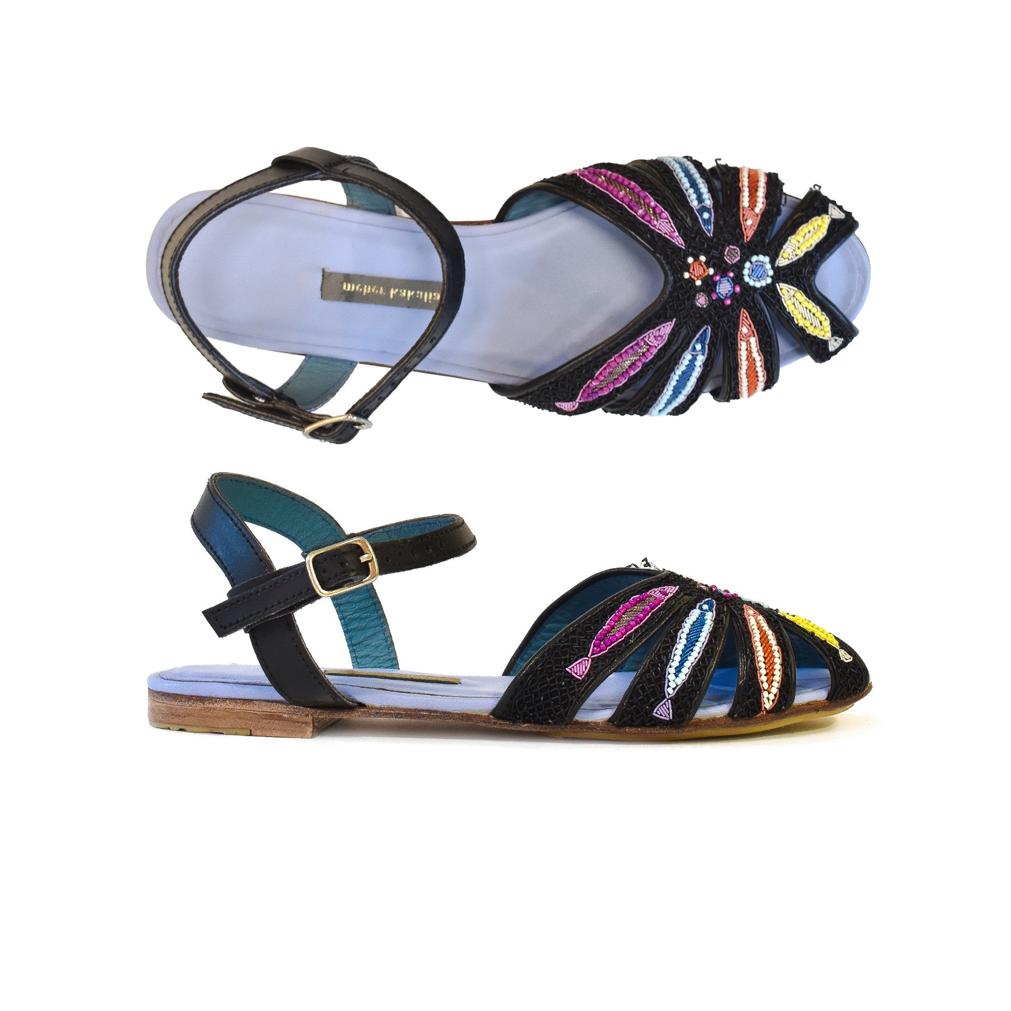 Black embroidered sandals for women with colourful bead detailing and ankle strap