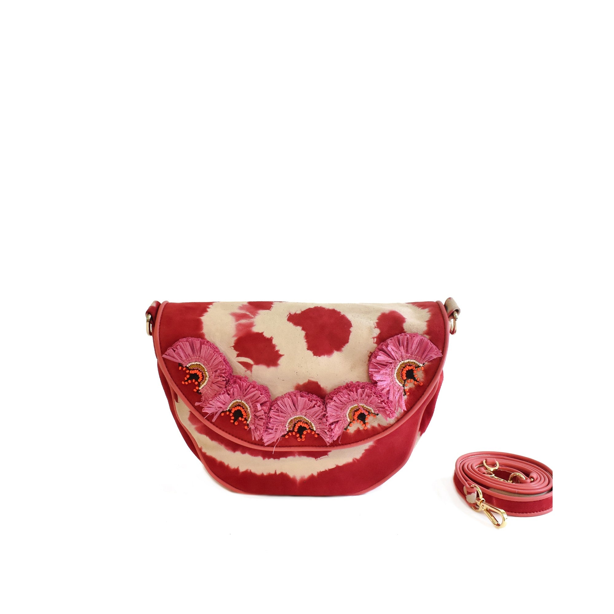 Pink suede crossbody bag with hand embroidery and raffia detailing