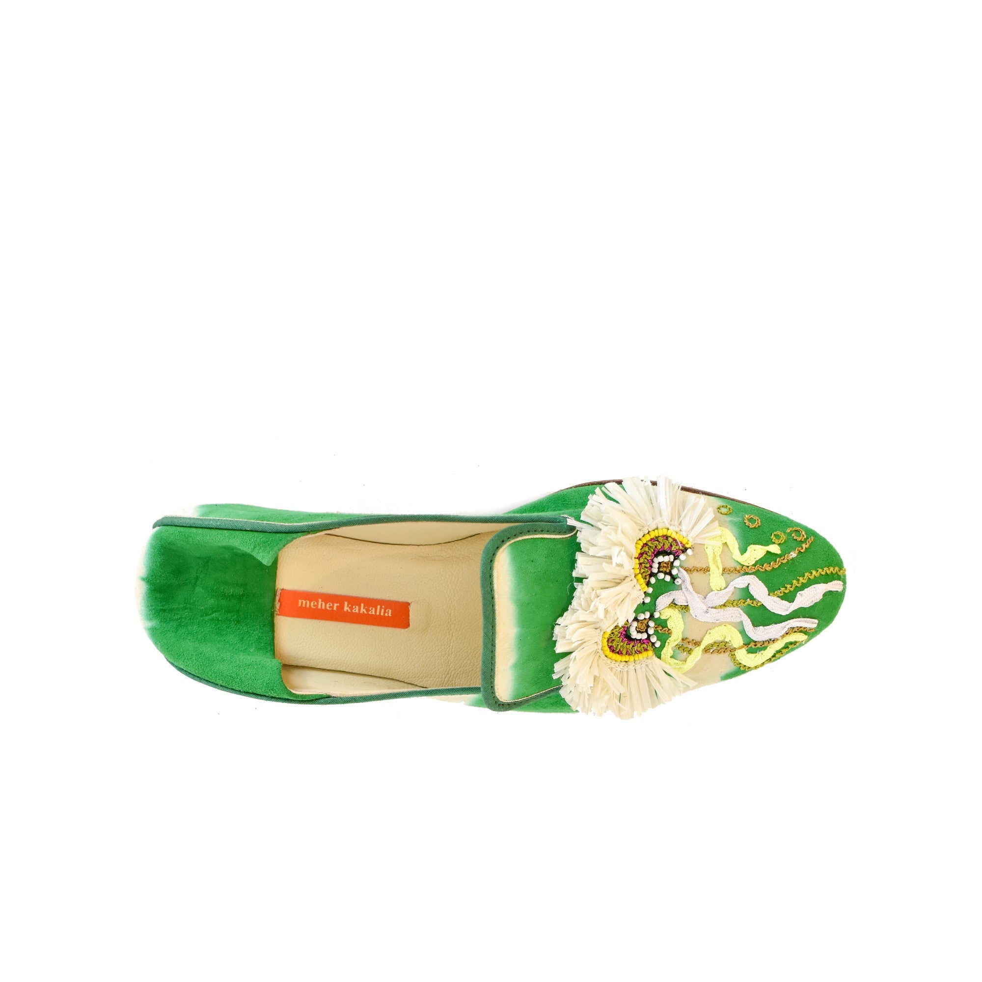 Luxury Meheer Kakalia moccasins with tie-dye suede and hand-embroidery. Unique design, perfect for spring and summer.
