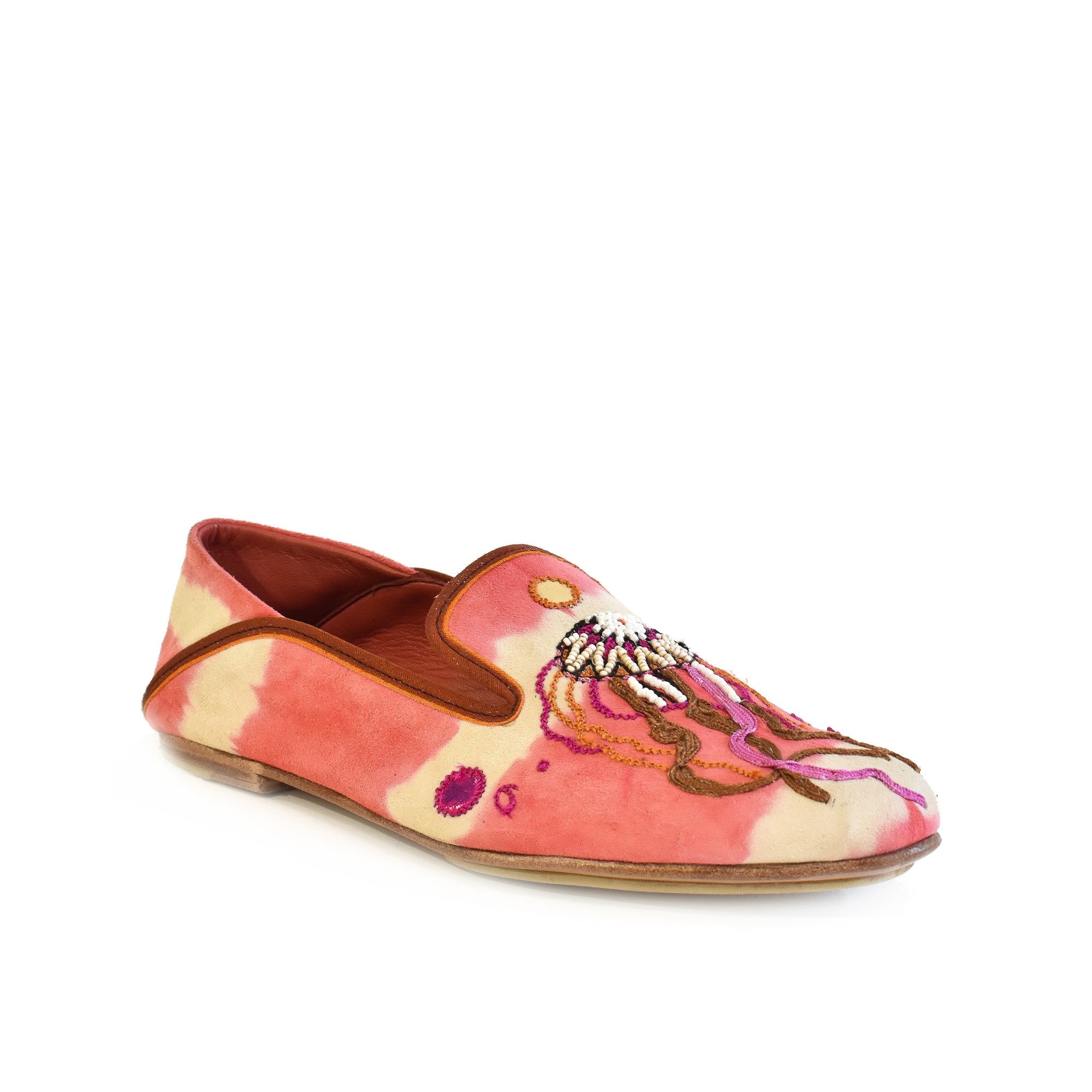 Pink moccasins for women with embroidered jellyfish detail