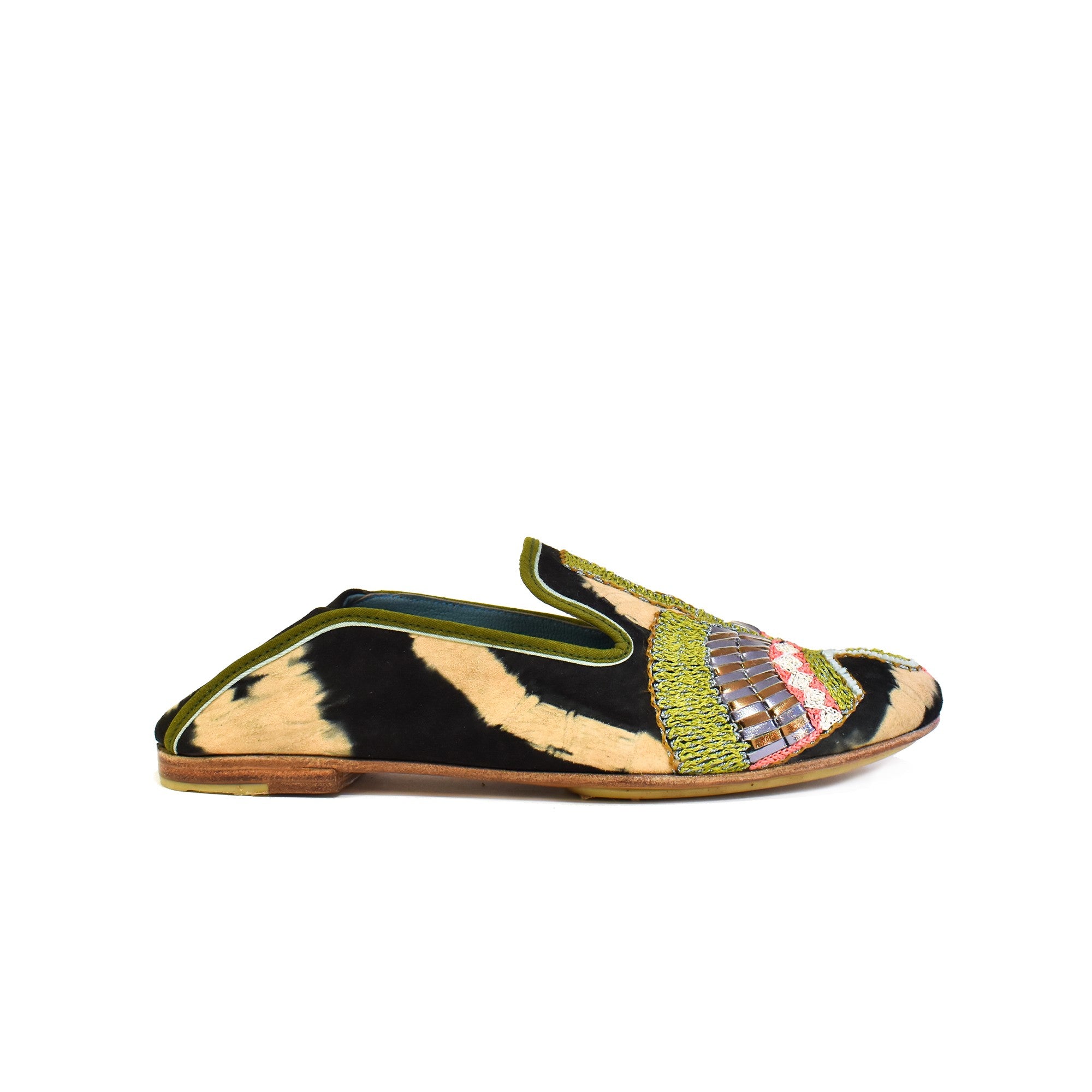 Top view of Meher Kakalia ANZU Moccasin in black and beige tie-dye suede with olive hand embroidery and metallic Mukesh detail