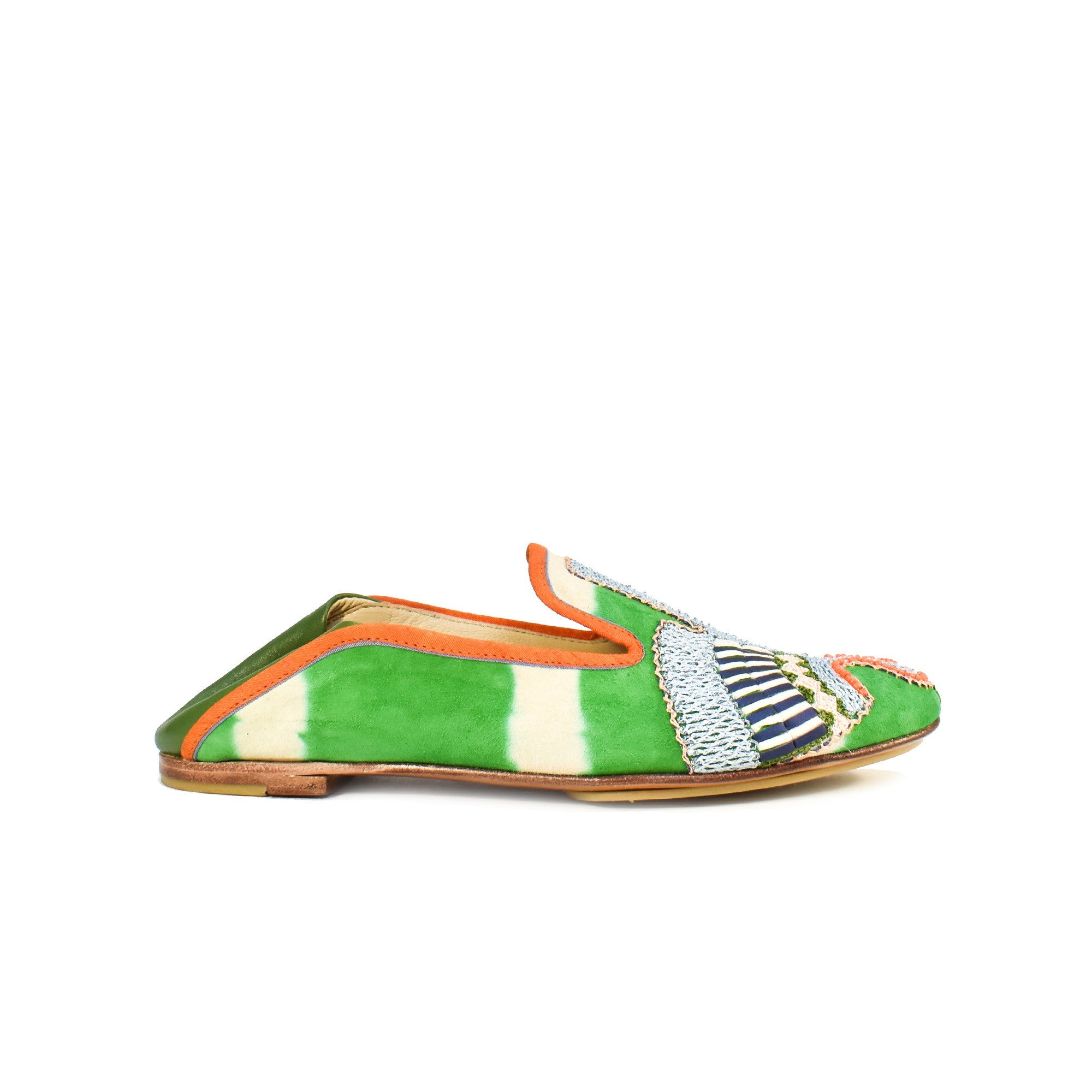 Meher Kakalia green moccasins with tie-dye suede and embroidery, stylish and eco-friendly for summer wear.