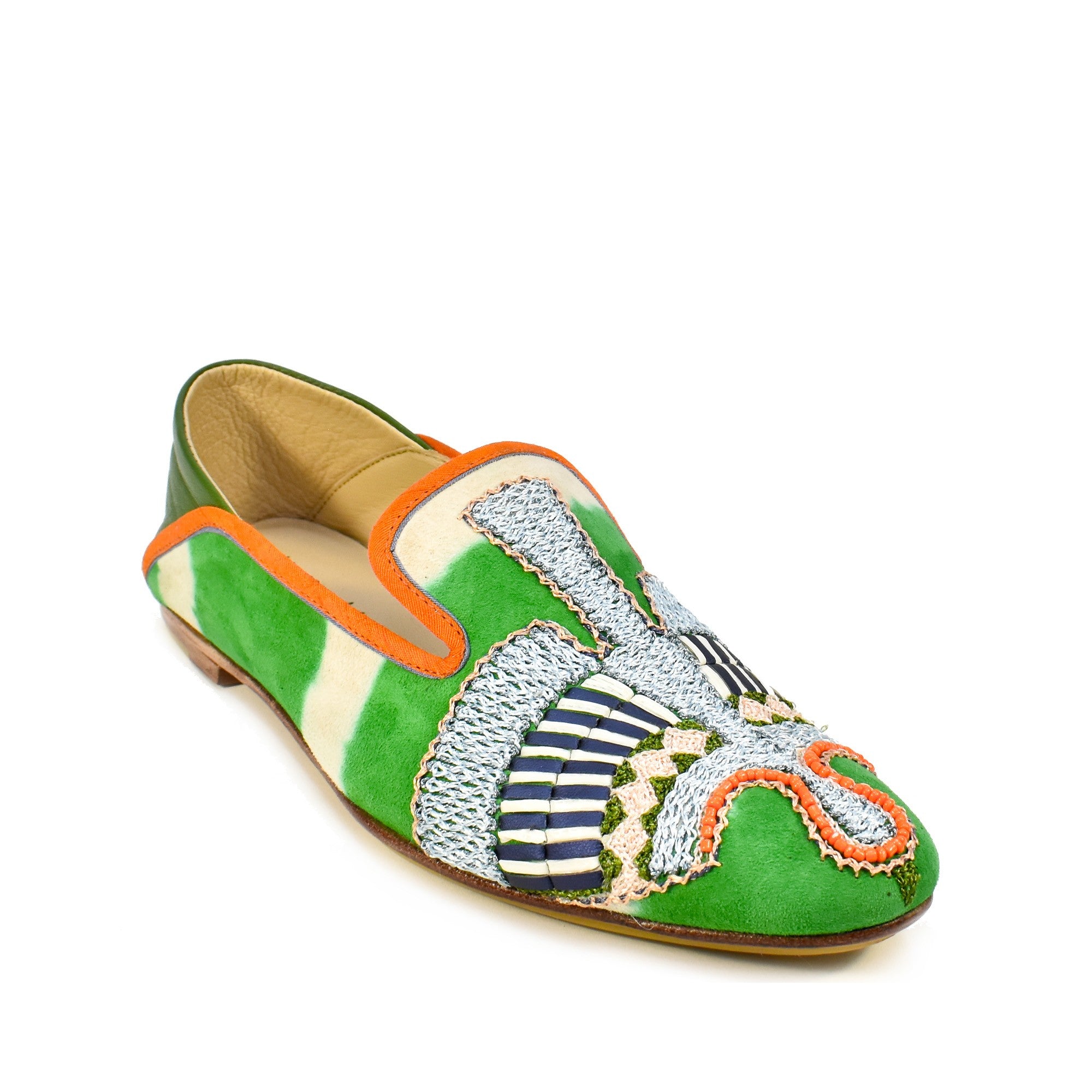 Green suede moccasins by Meher Kakalia with hand embroidery, eco-friendly, perfect for summer and holiday wear.