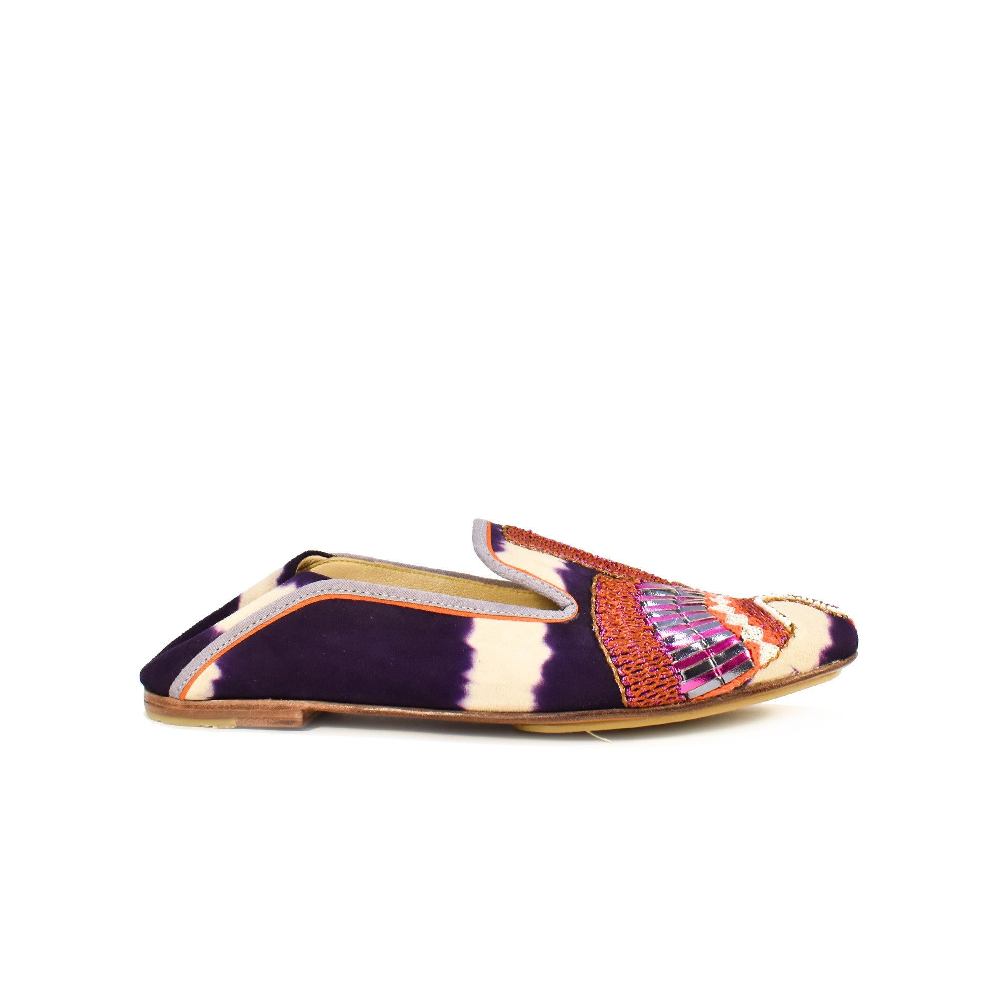 Stylish purple tie-dye moccasins, handcrafted with eco-friendly suede and sparkling embroidery, perfect for relaxed luxury wear.
