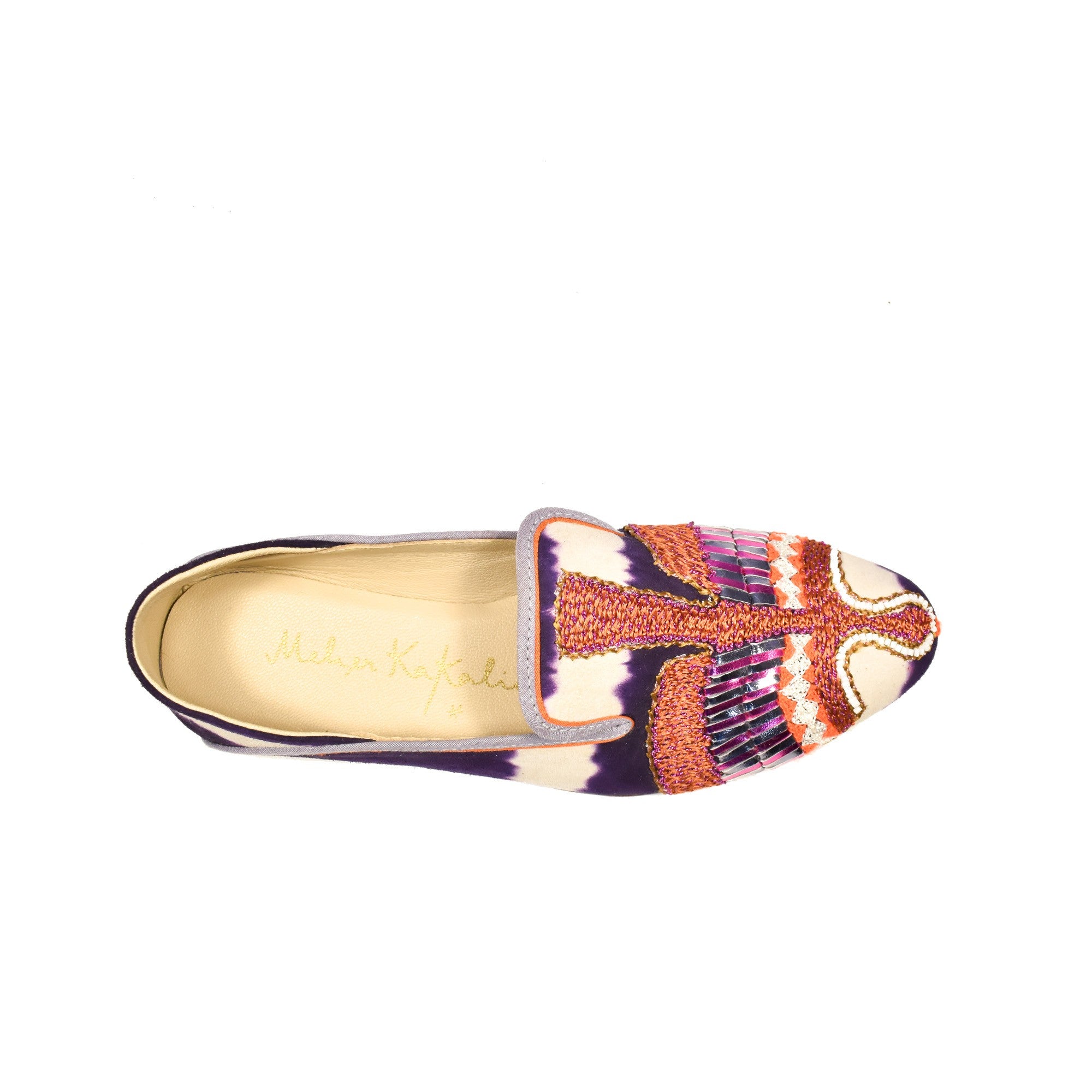 Colourful ANZU moccasins, with eco-suede, embroidery, and a comfortable leather sole, perfect for a chic summer look.