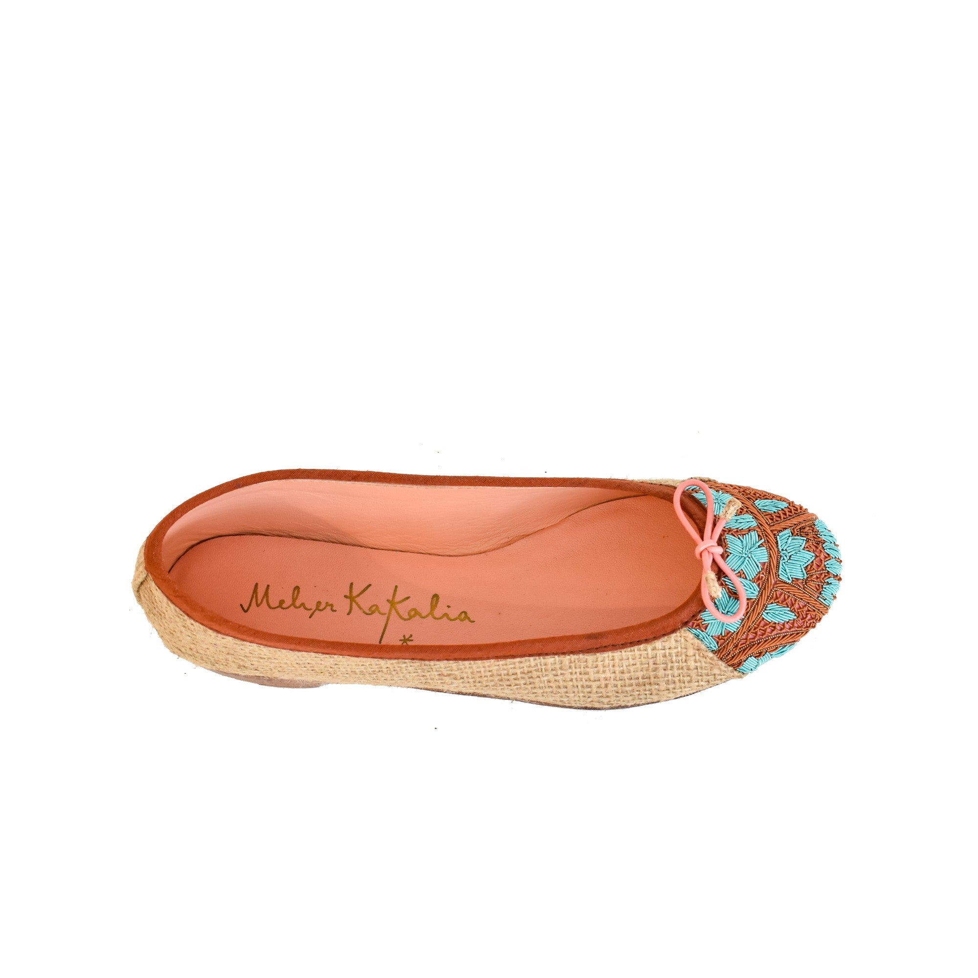 Sustainable Blue and Beige BIZI Ballet Flats in Natural Jute, Hand Embroidery, Luxurious Resort Footwear, Meher Kakalia Design