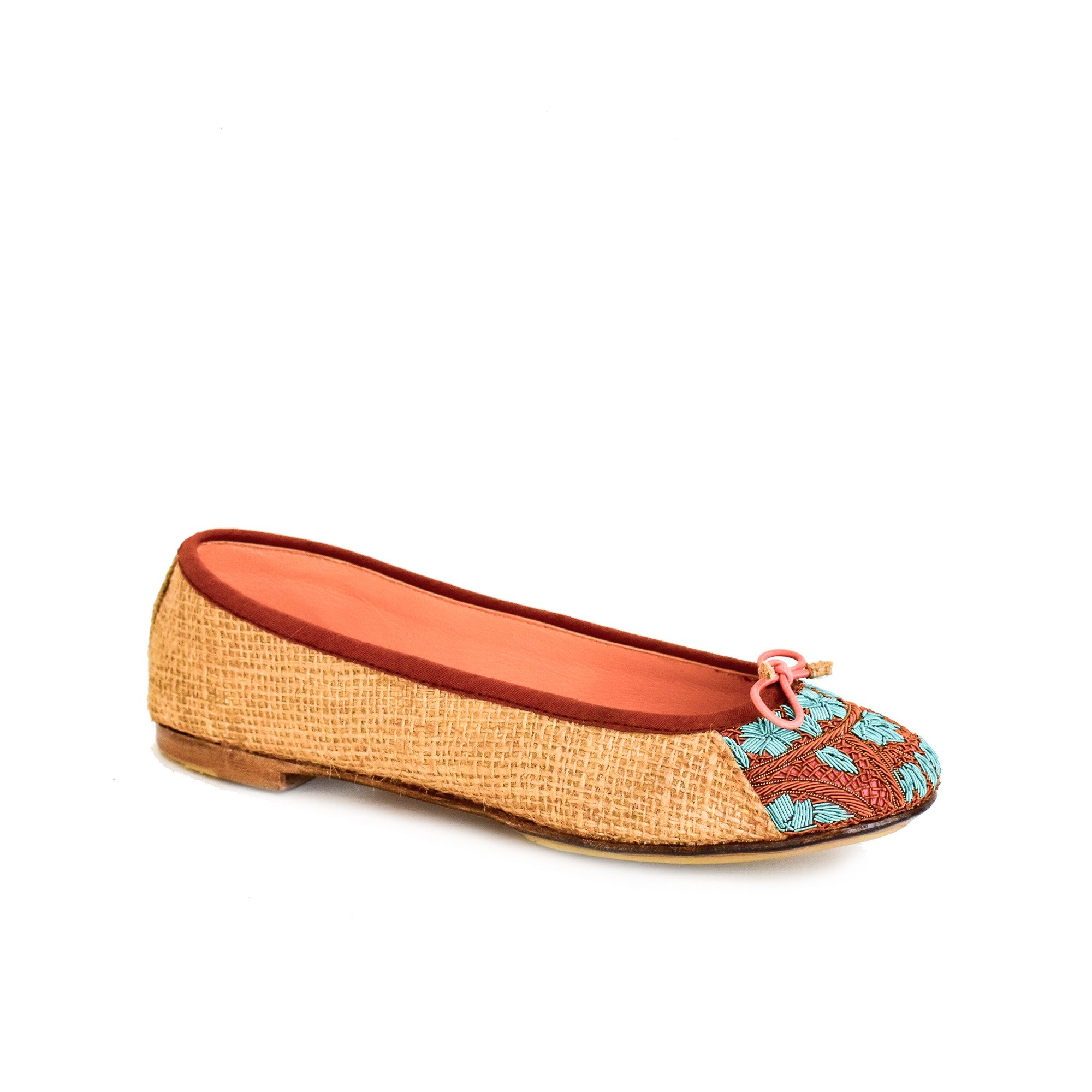 Eco-Friendly BIZI Ballet Flats in Natural Jute with Floral Embroidery, Flat Shoes for Summer, by Meher Kakalia