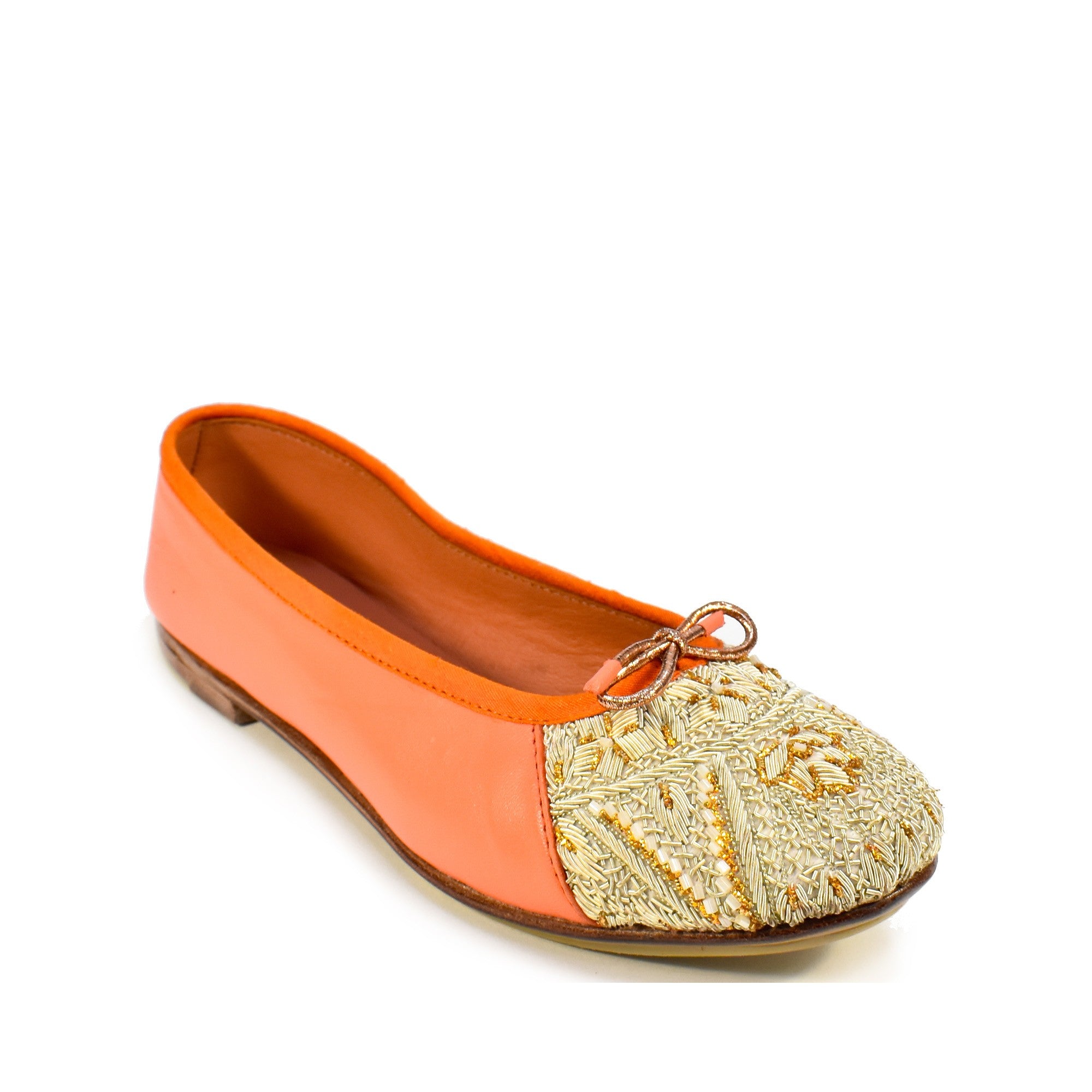 Handmade Meher Kakalia Ballet flats in coral, featuring unique embroidery and eco-friendly materials.