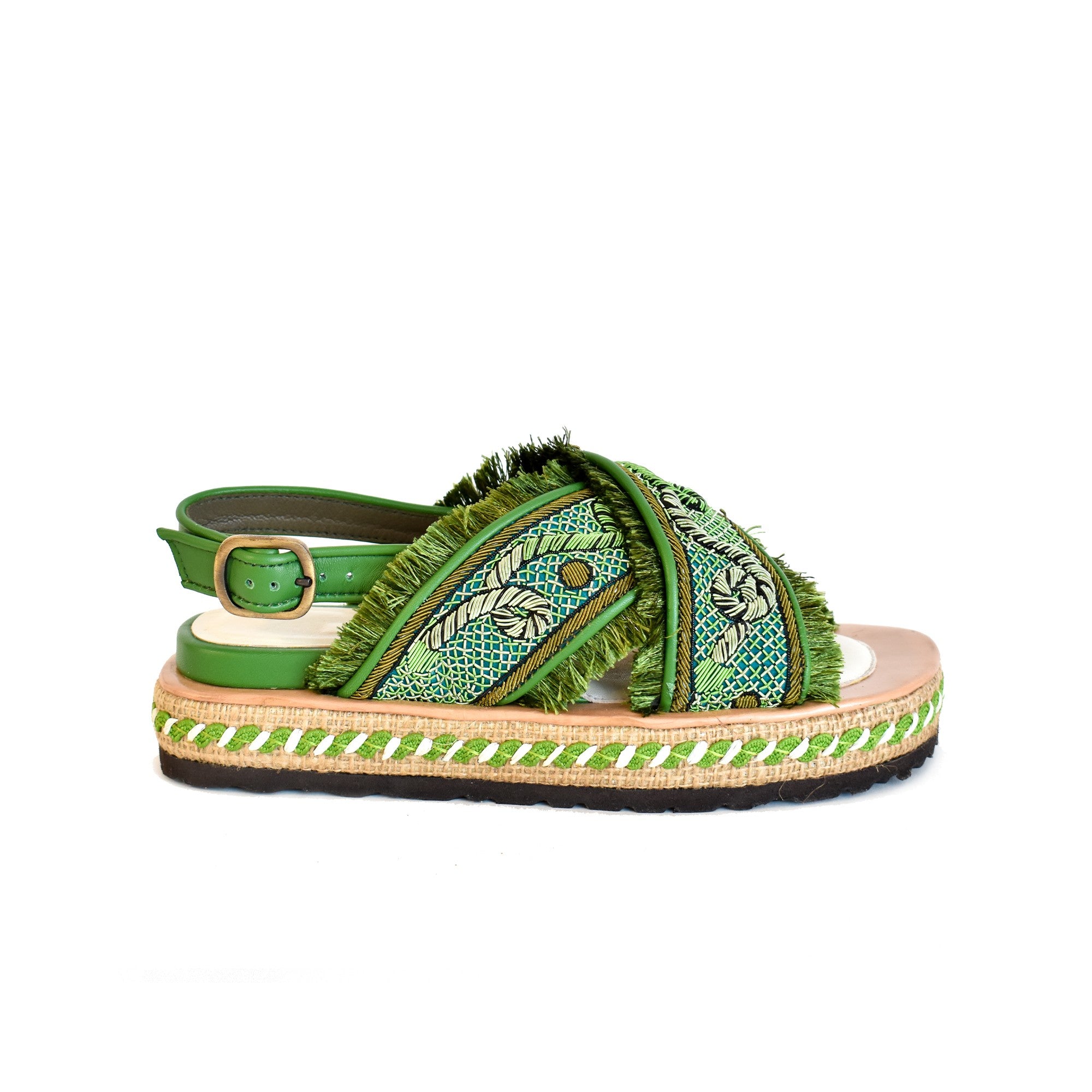 DA GAMA BLOC Kelly Green-Parrot Sandal, Hand-Embroidered Goat Leather with Jute Platform