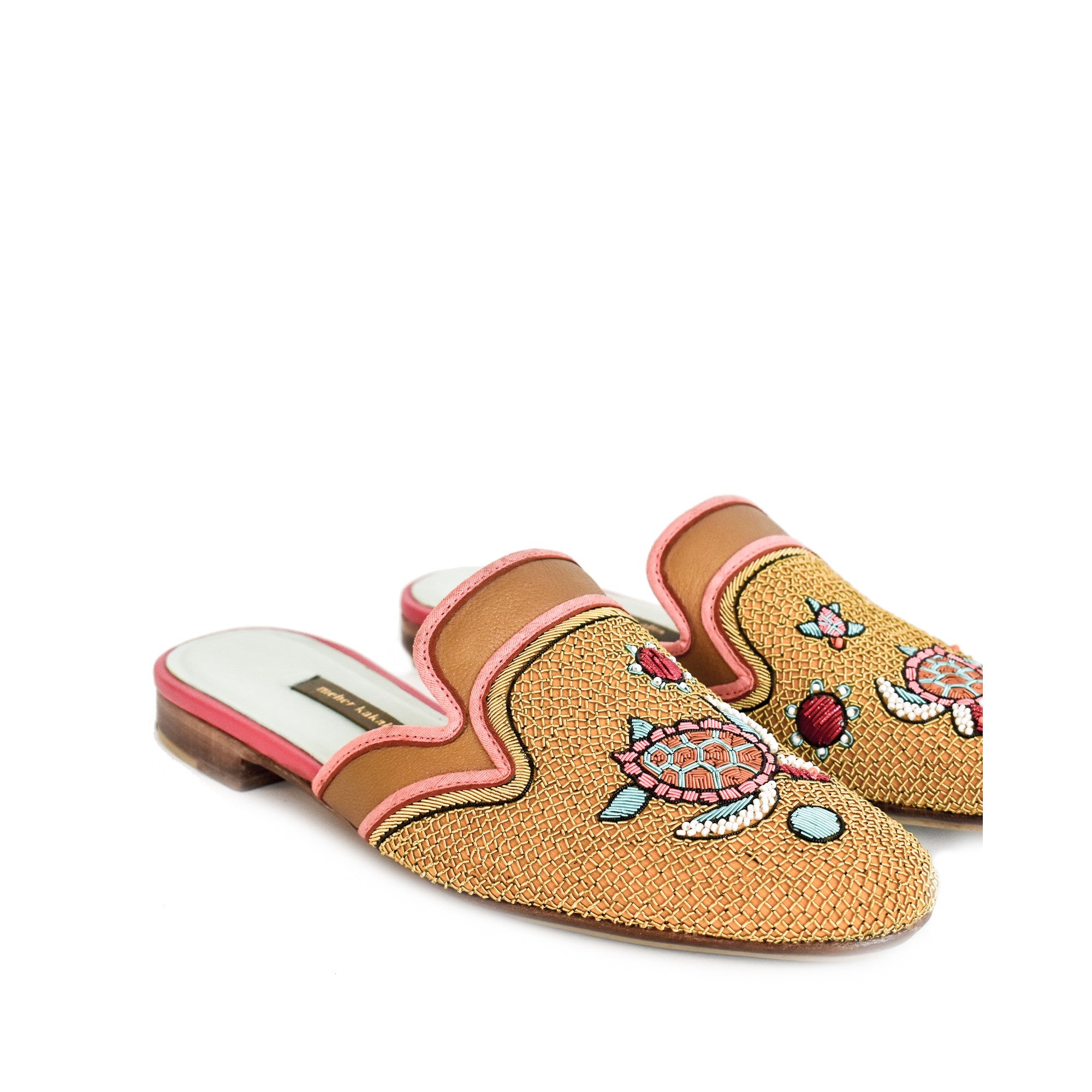 These luxurious handmade gold Slippers feature eco-friendly leather with embroidered turtle motifs. Perfect for summer holidays.