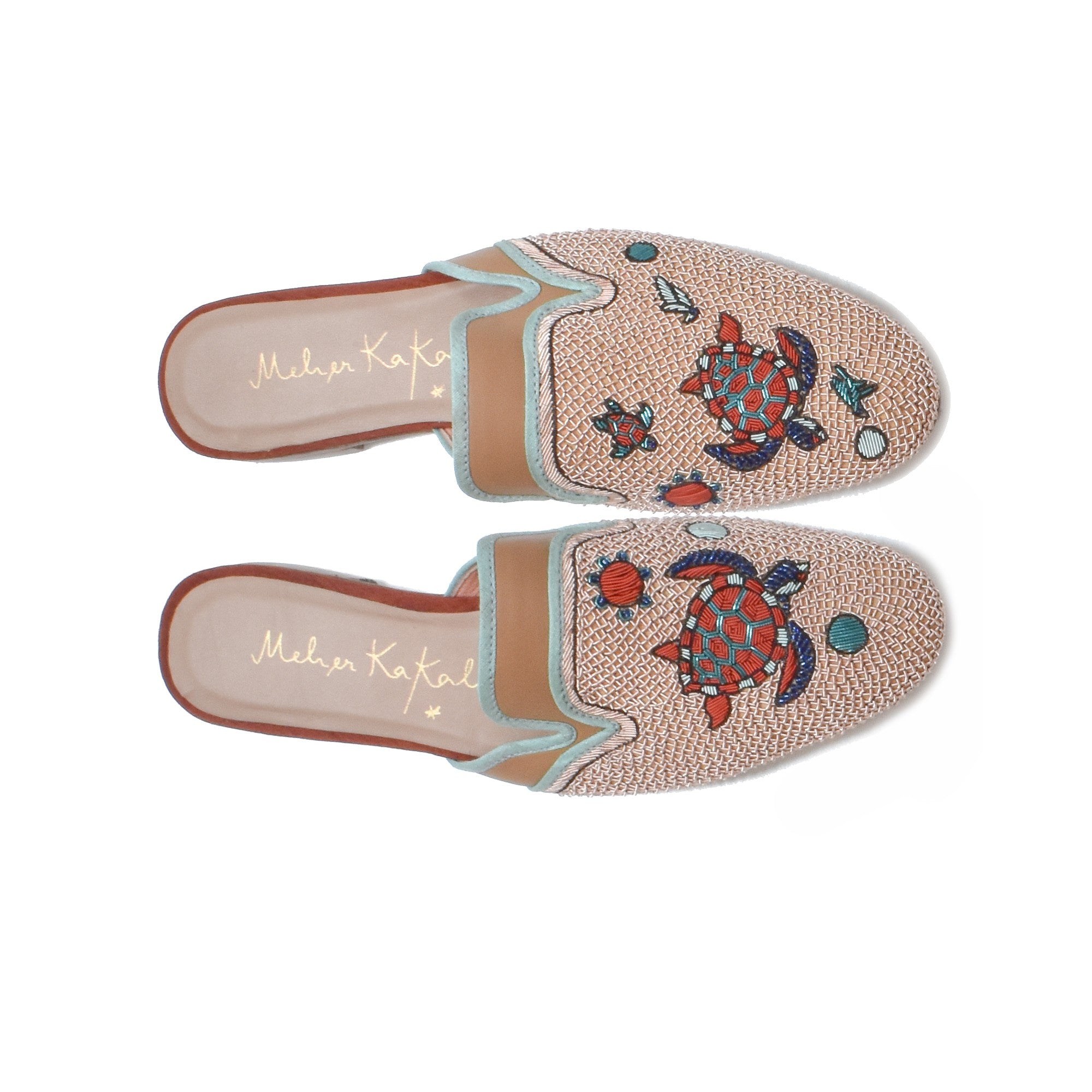 DARWIN SLIPPER Camel Peach - Hand-embroidered Slip-On Flat with Turtle Motif, Luxury Resort Wear