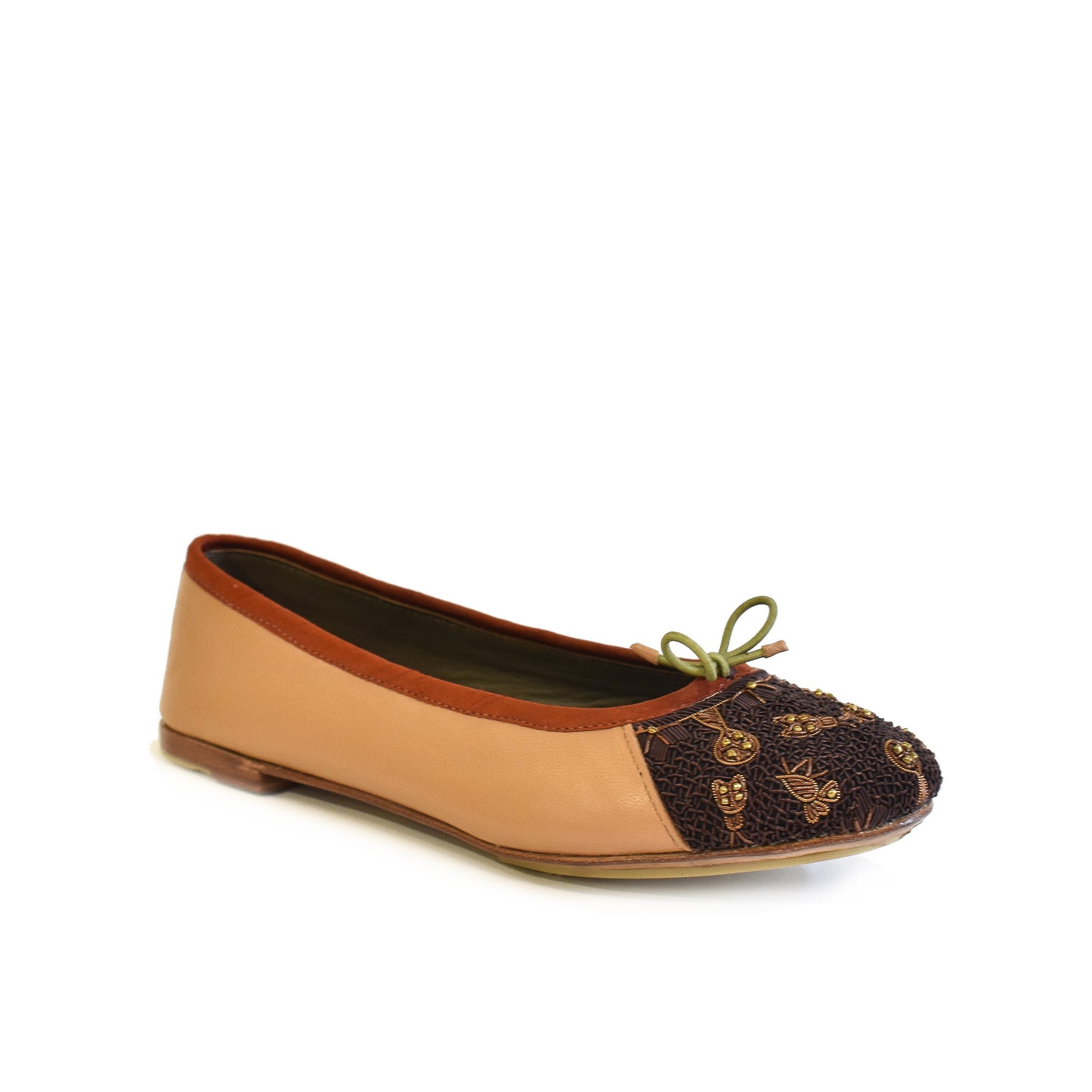 Brown leather ballerina for women featuring bronze winged motifs and textured brown embroidered toe