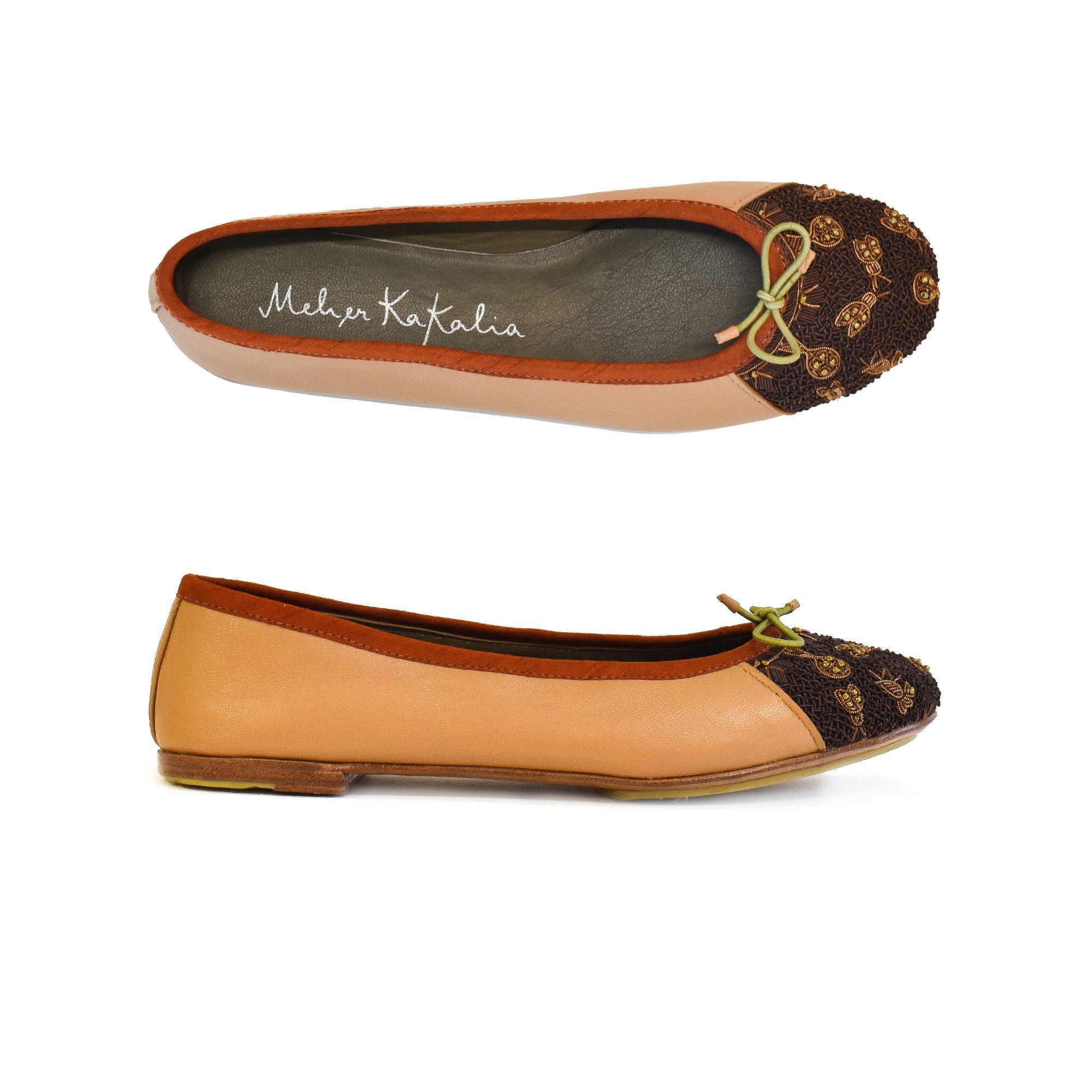 Camel tone embroidered leather ballerina with bronze insect motifs and dark brown coil embroidery