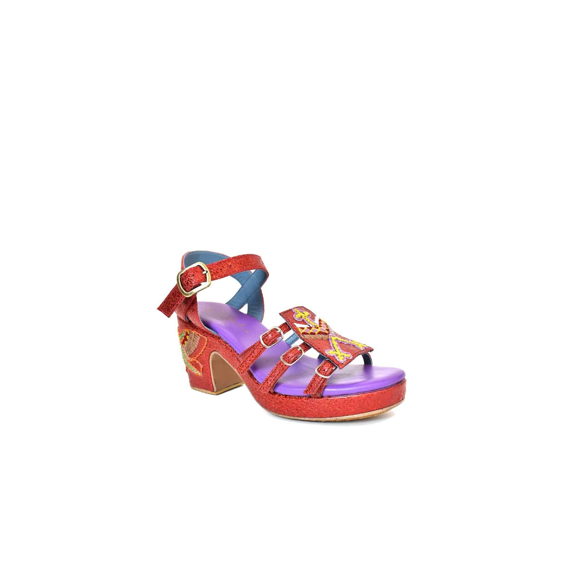 GOLD HOPPER splash poppy – front angled view of shimmering red sandal with tribal embroidered strap