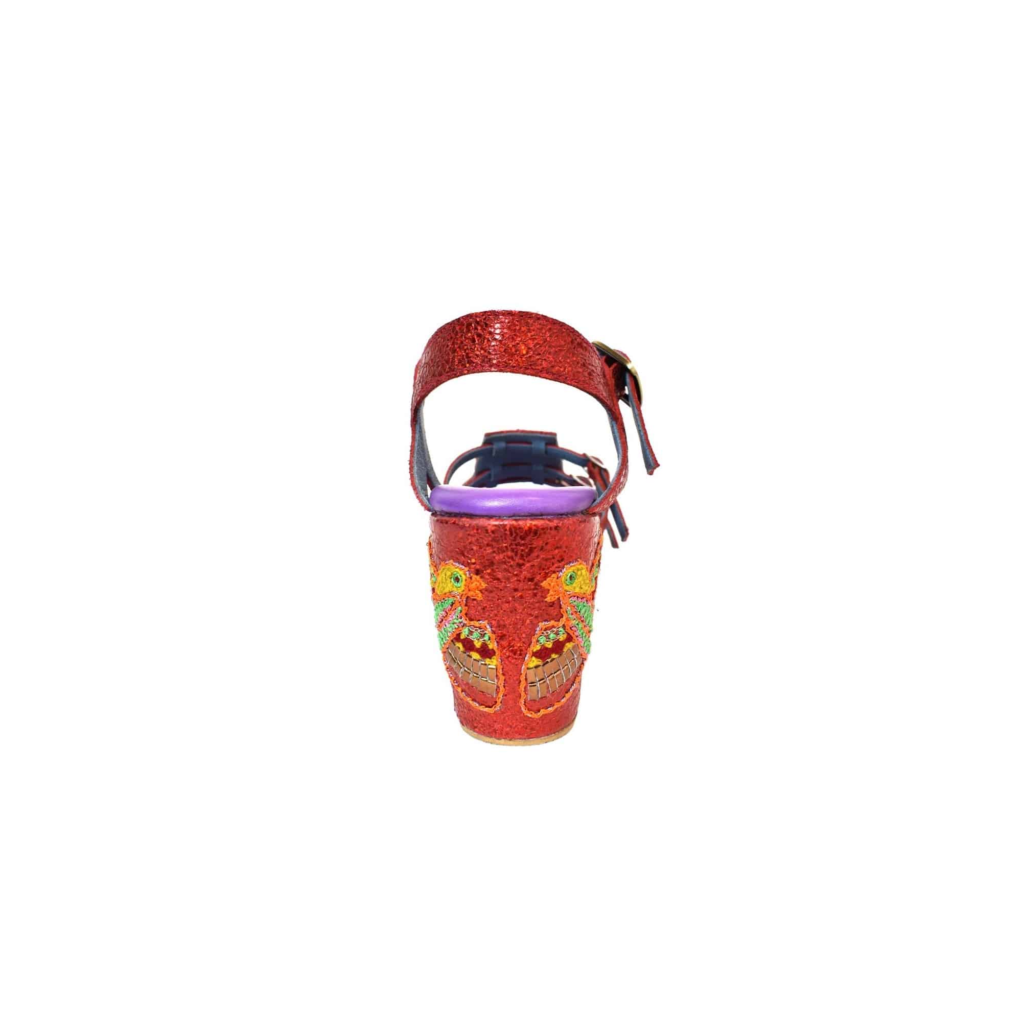 GOLD HOPPER splash poppy – back view of heel with yellow and green bird embroidery