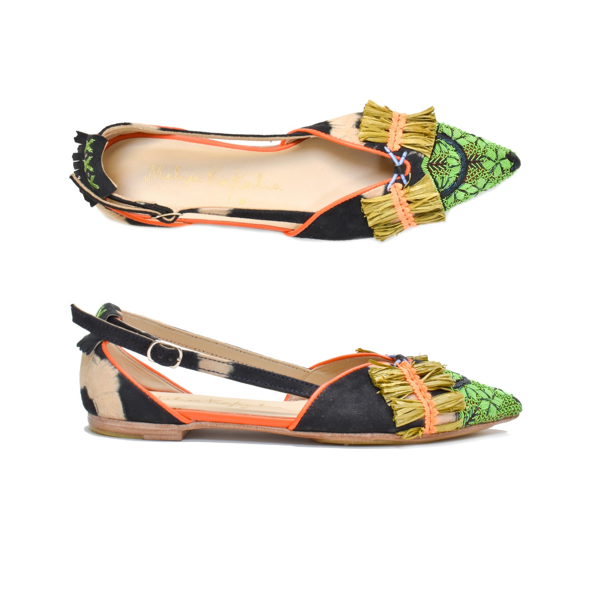 Greta Slingback sandals, handmade with suede leather and vibrant hand embroidery, featuring raffia detailing.