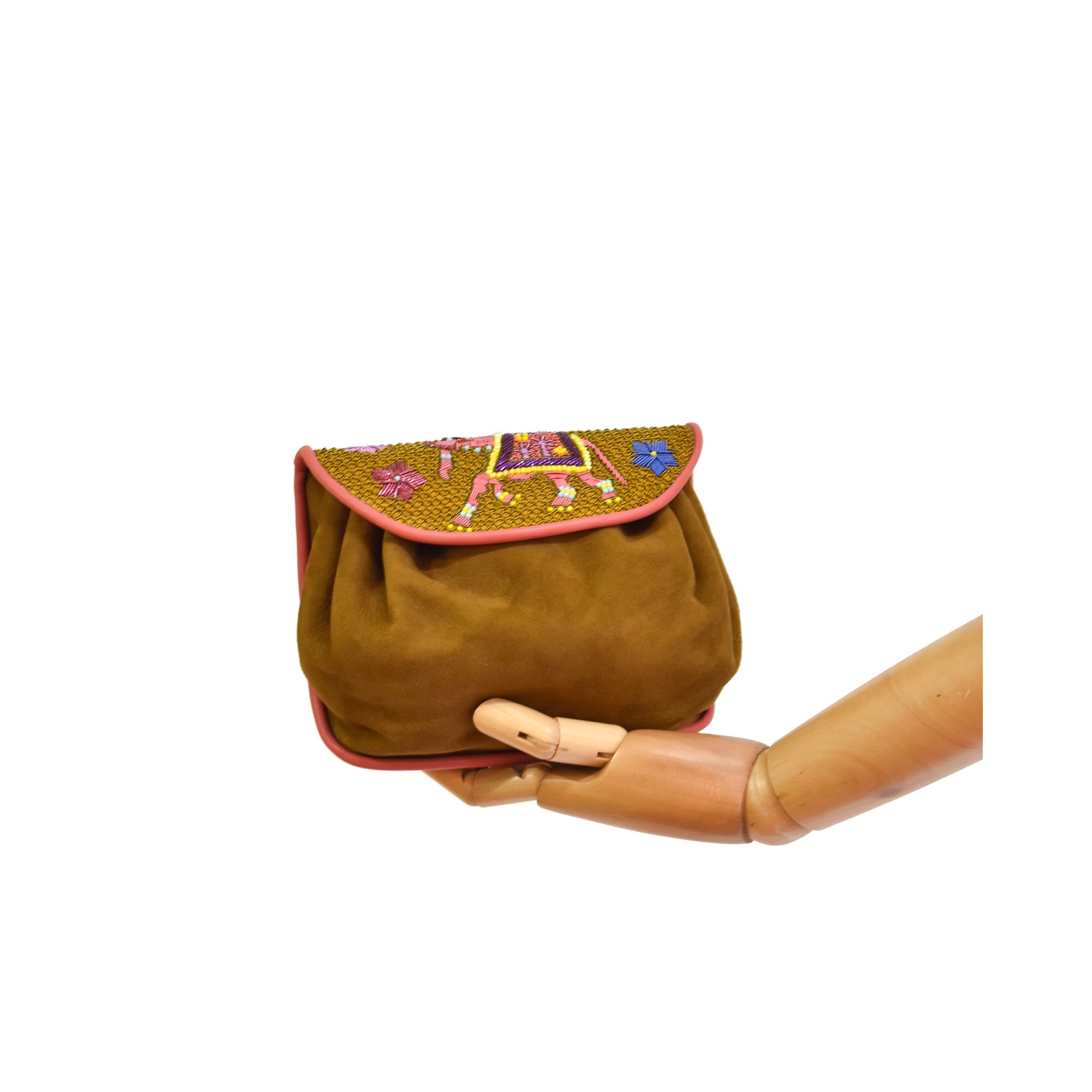 Women’s suede accordion bag in brown with handcrafted embroidered flap and gold hardware.