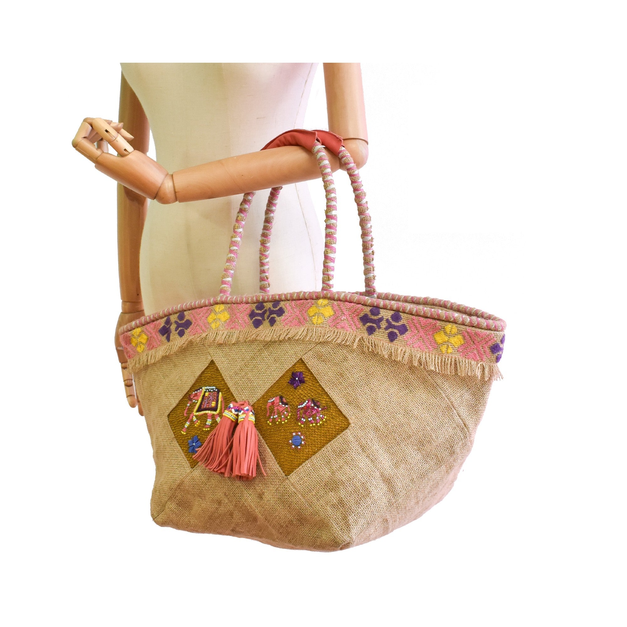 Large jute tote bag with ochre elephant embroidery and coral tassels